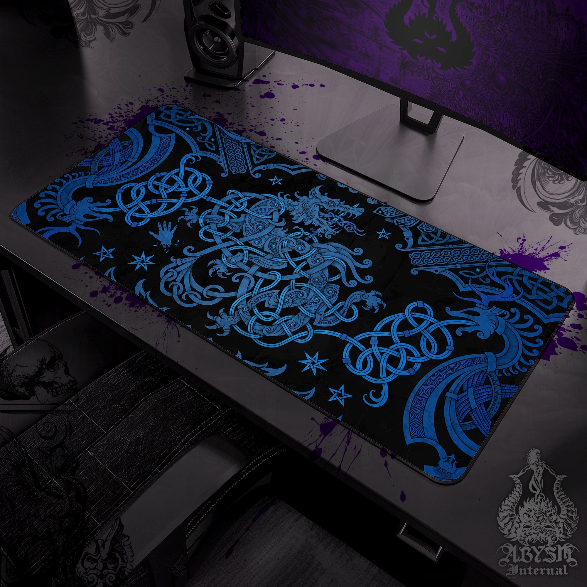 Fenrir Gaming Desk Mat, Viking Mouse Pad, Nordic Knotwork Table Protector Cover, Norse Wolf Workpad, Art Print – Black Blue