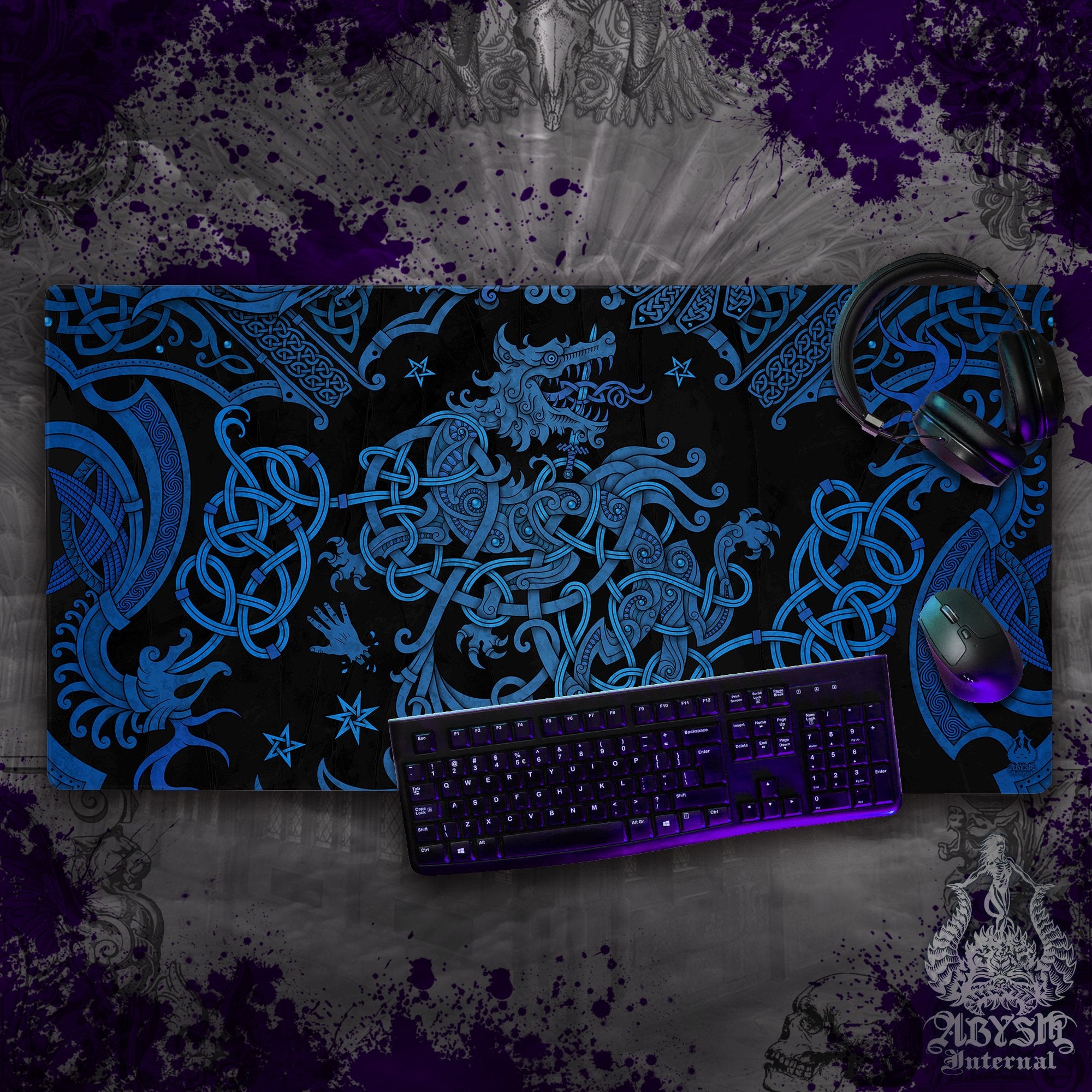 Fenrir Gaming Desk Mat, Viking Mouse Pad, Nordic Knotwork Table Protector Cover, Norse Wolf Workpad, Art Print – Black Blue Fenrir Gaming Desk Mat, Viking Mouse Pad, Nordic Knotwork Table Protector Cover, Norse Wolf Workpad, Art Print – Black Blue