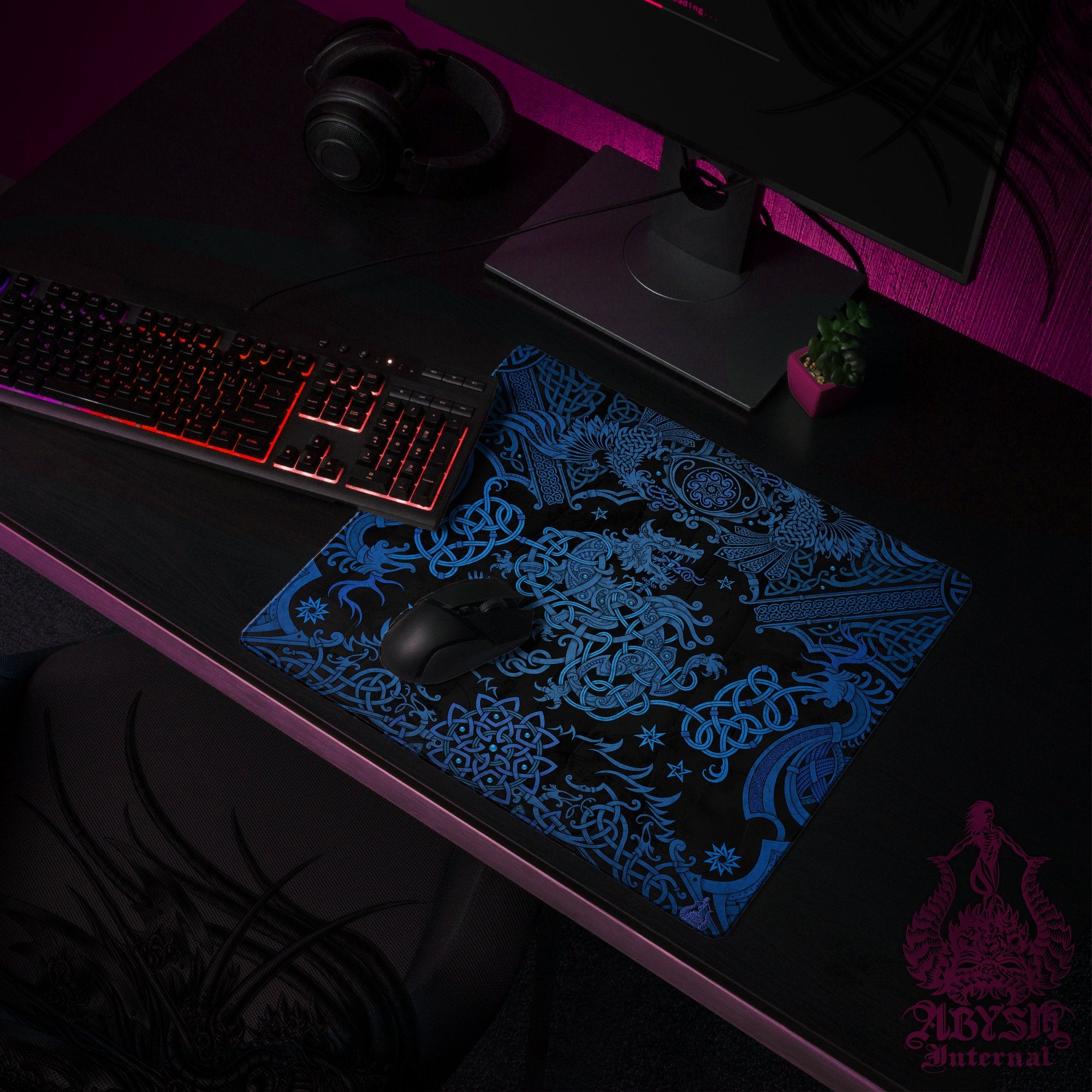 Fenrir Gaming Desk Mat, Viking Mouse Pad, Nordic Knotwork Table Protector Cover, Norse Wolf Workpad, Art Print – Black Blue Fenrir Gaming Desk Mat, Viking Mouse Pad, Nordic Knotwork Table Protector Cover, Norse Wolf Workpad, Art Print – Black Blue