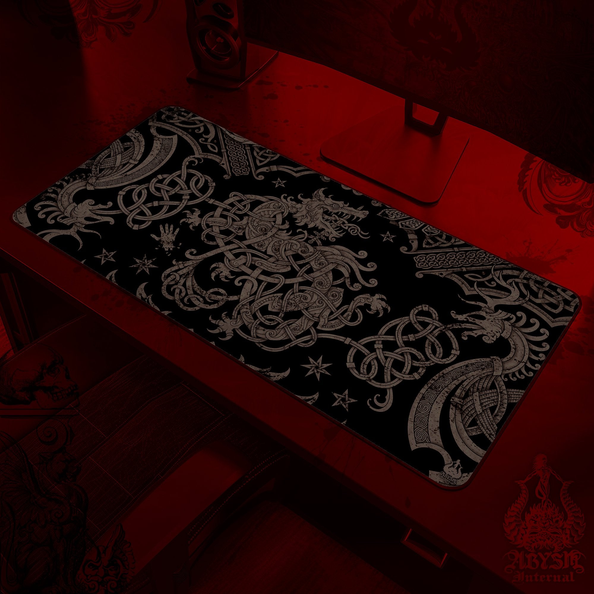 Fenrir Gaming Mouse Pad, Viking Desk Mat, Nordic Wolf Table Protector Cover, Norse Knotwork Workpad, Art Print – Black Grey Grit
