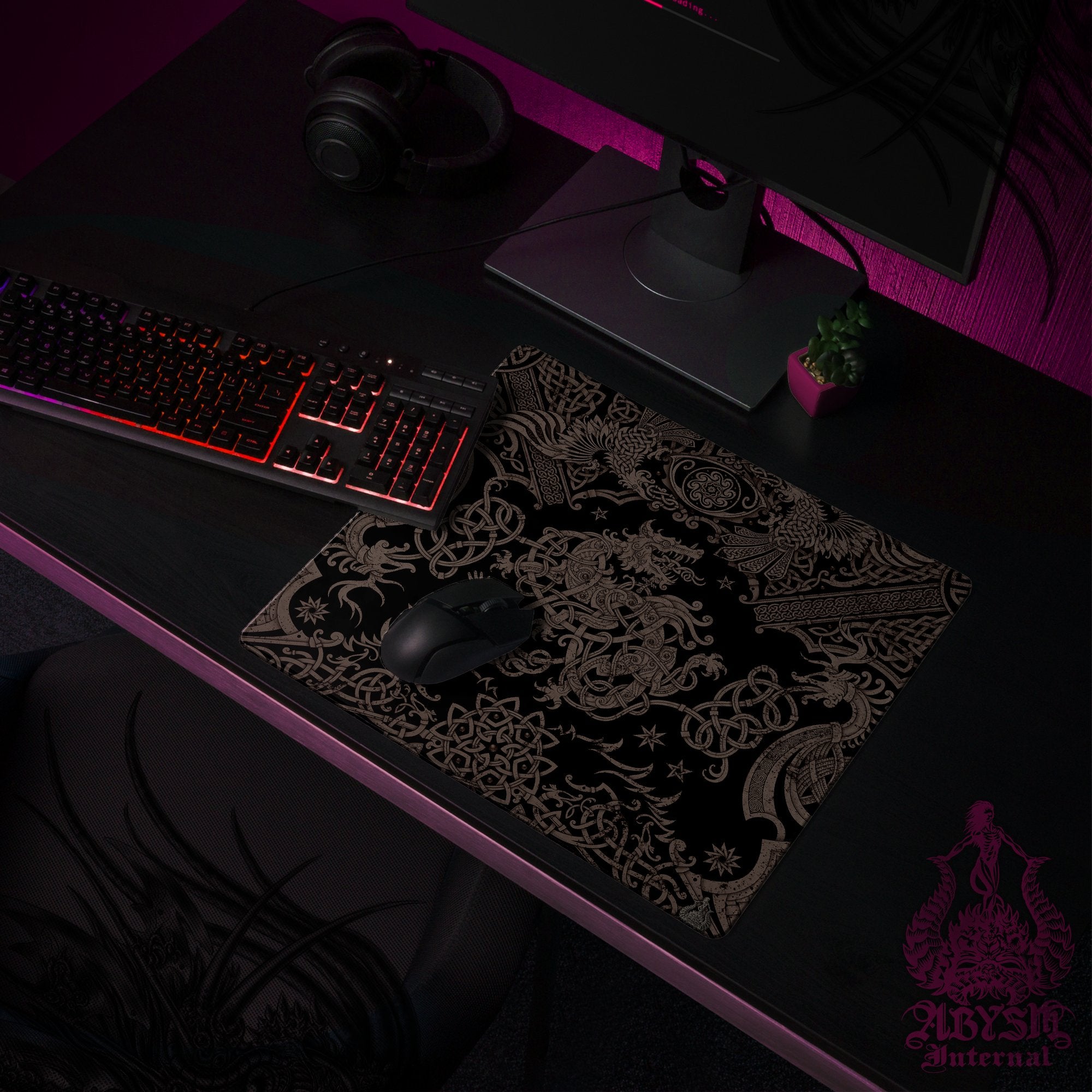 Fenrir Gaming Mouse Pad, Viking Desk Mat, Nordic Wolf Table Protector Cover, Norse Knotwork Workpad, Art Print – Black Grey Grit Fenrir Gaming Mouse Pad, Viking Desk Mat, Nordic Wolf Table Protector Cover, Norse Knotwork Workpad, Art Print – Black Grey Grit