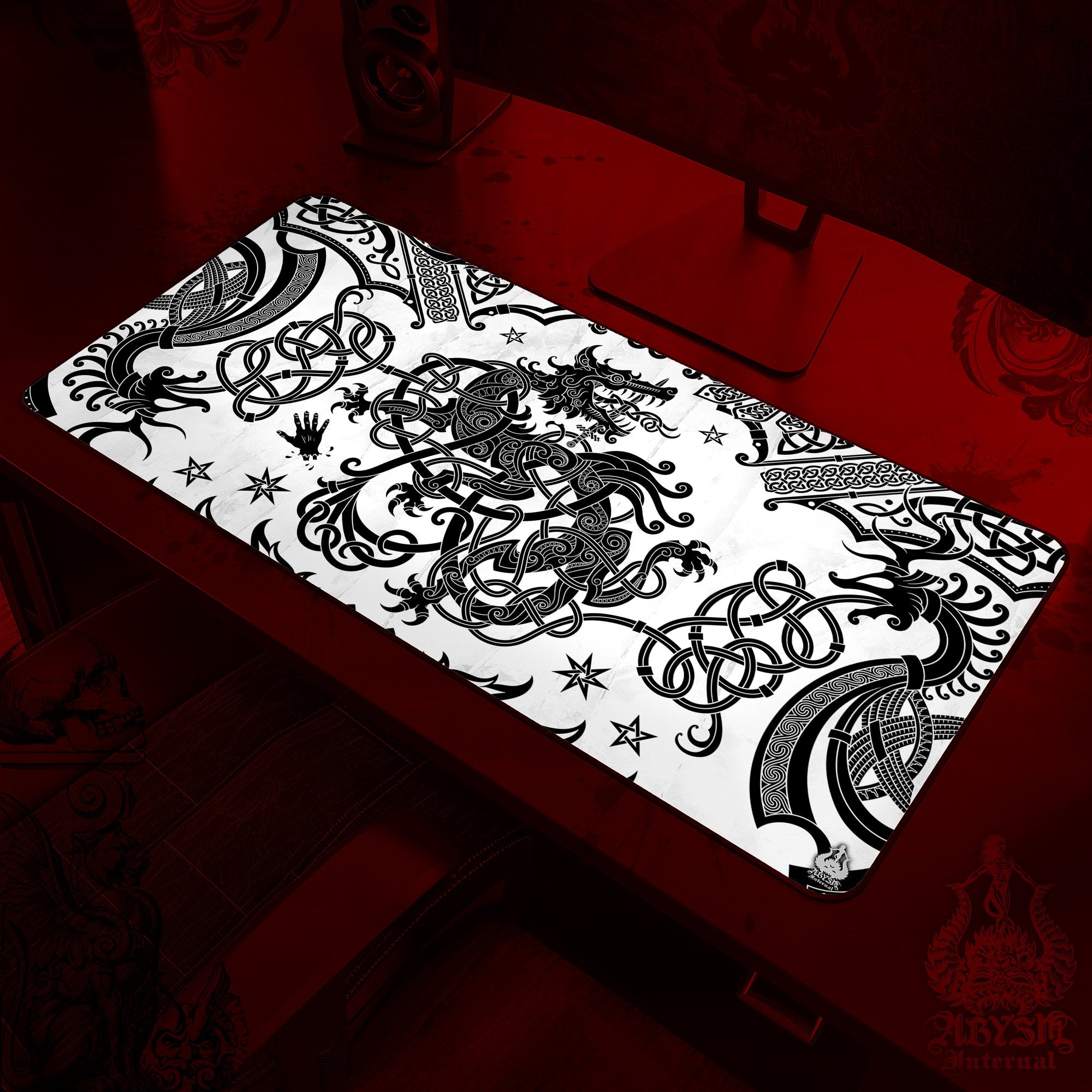 Fenrir Mouse Pad, Norse Wolf Gaming Desk Mat, Viking Workpad, Nordic Knotwork Table Protector Cover, Art Print – Black White