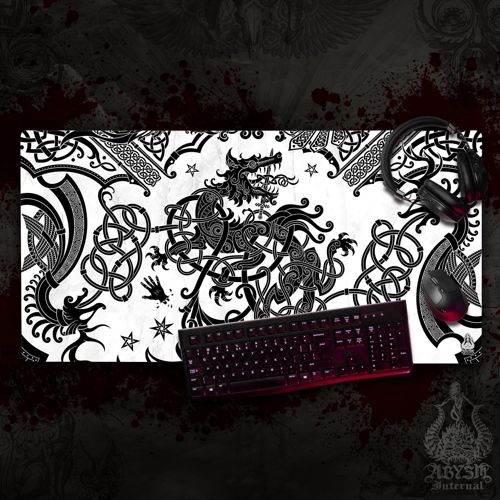 Fenrir Mouse Pad, Norse Wolf Gaming Desk Mat, Viking Workpad, Nordic Knotwork Table Protector Cover, Art Print – Black White Fenrir Mouse Pad, Norse Wolf Gaming Desk Mat, Viking Workpad, Nordic Knotwork Table Protector Cover, Art Print – Black White