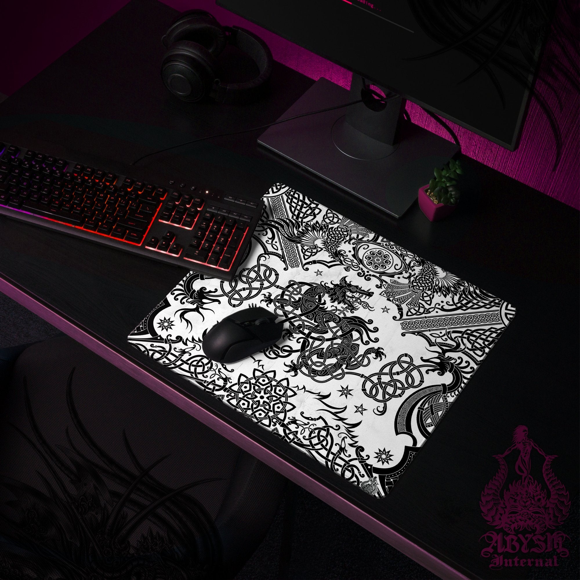 Fenrir Mouse Pad, Norse Wolf Gaming Desk Mat, Viking Workpad, Nordic Knotwork Table Protector Cover, Art Print – Black White Fenrir Mouse Pad, Norse Wolf Gaming Desk Mat, Viking Workpad, Nordic Knotwork Table Protector Cover, Art Print – Black White