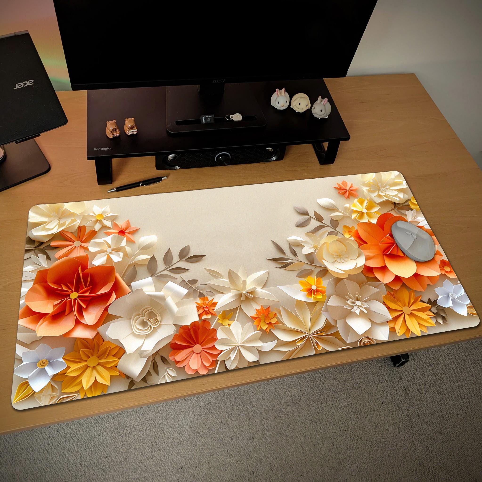 Floral Paper Art Desk Mat  Beige Orange Flower Mouse Pad