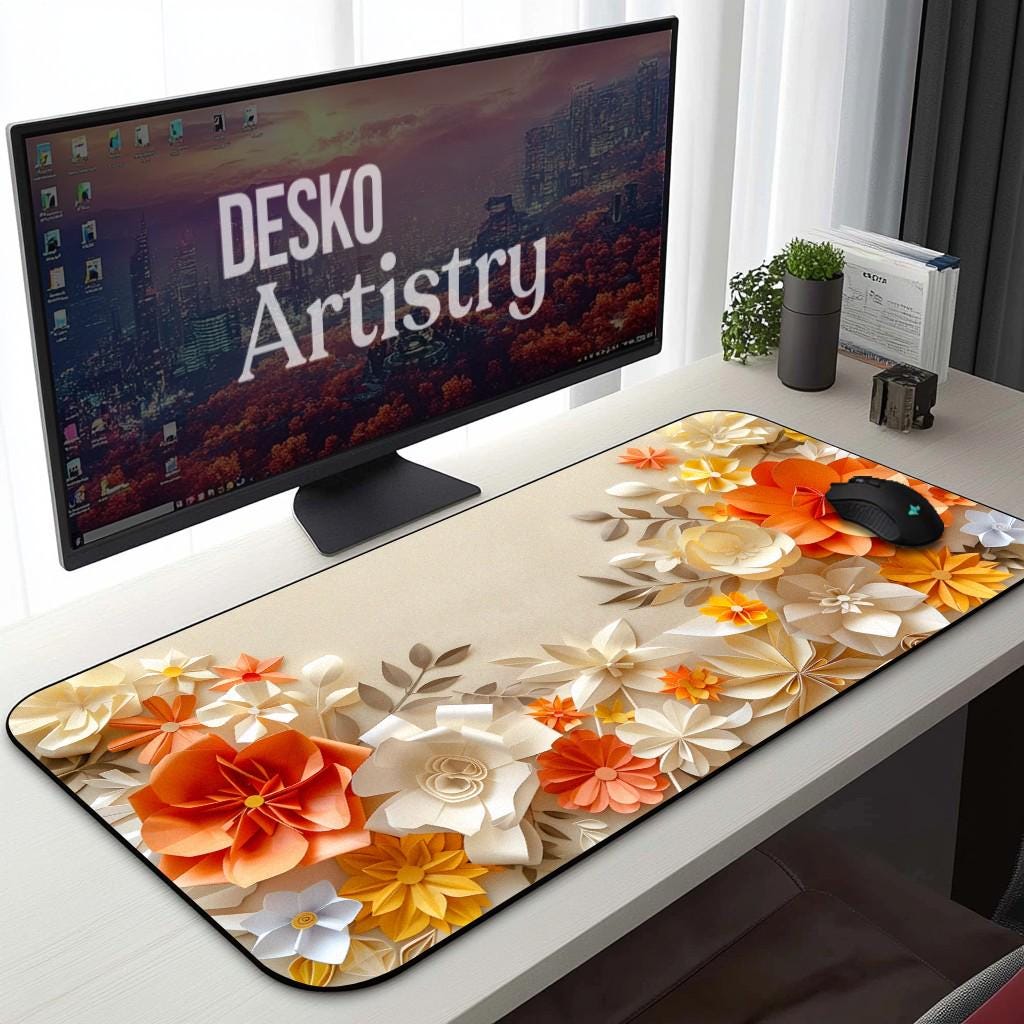 Floral Paper Art Desk Mat Beige Orange Flower Mouse Pad Floral Paper Art Desk Mat Beige Orange Flower Mouse Pad