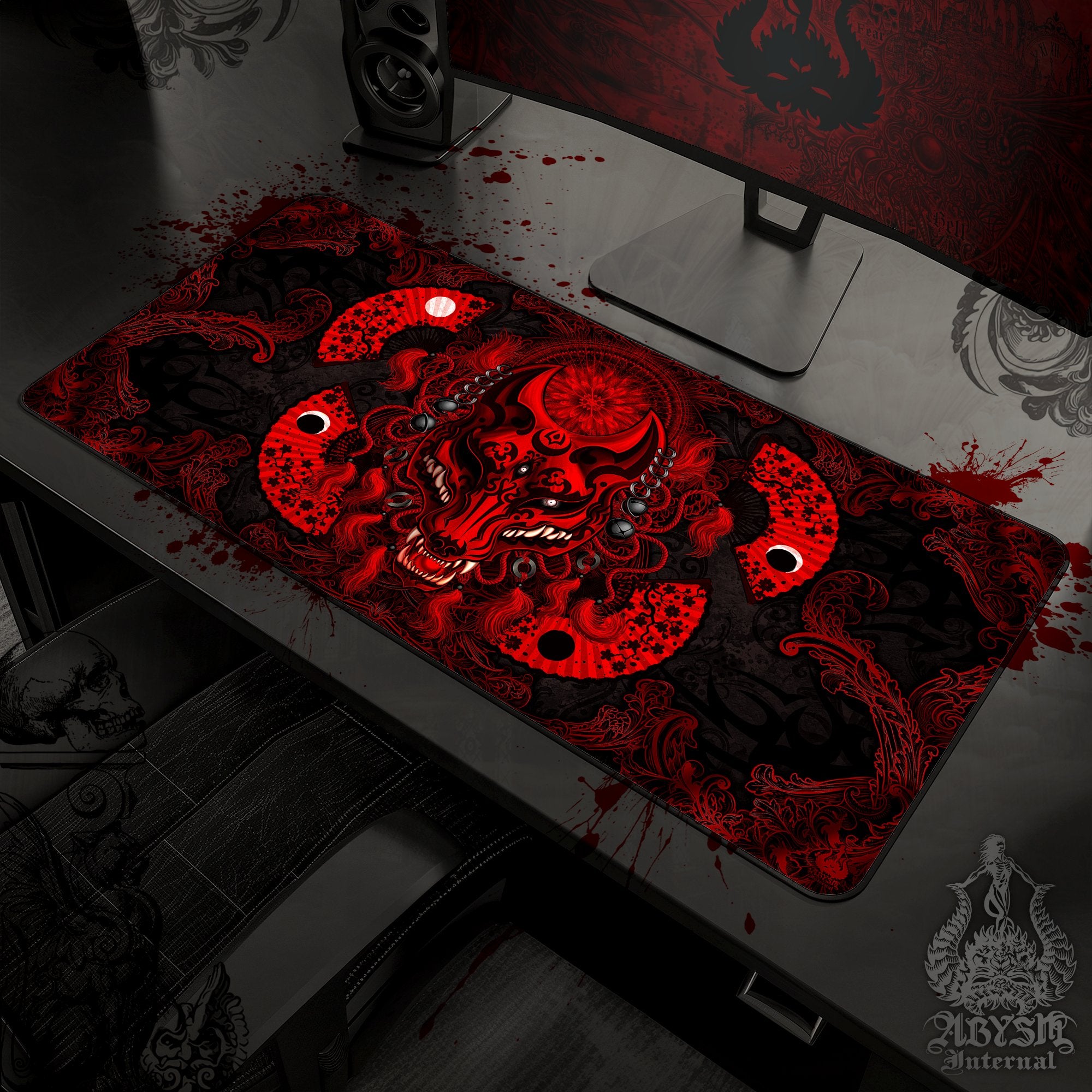 Fox Mask Gaming Mouse Pad, Kitsune Desk Mat, Japanese Wolf Table Protector Cover, Anime Youkai Workpad, Bloody Gothic Manga Okami Art Print – Black Red
