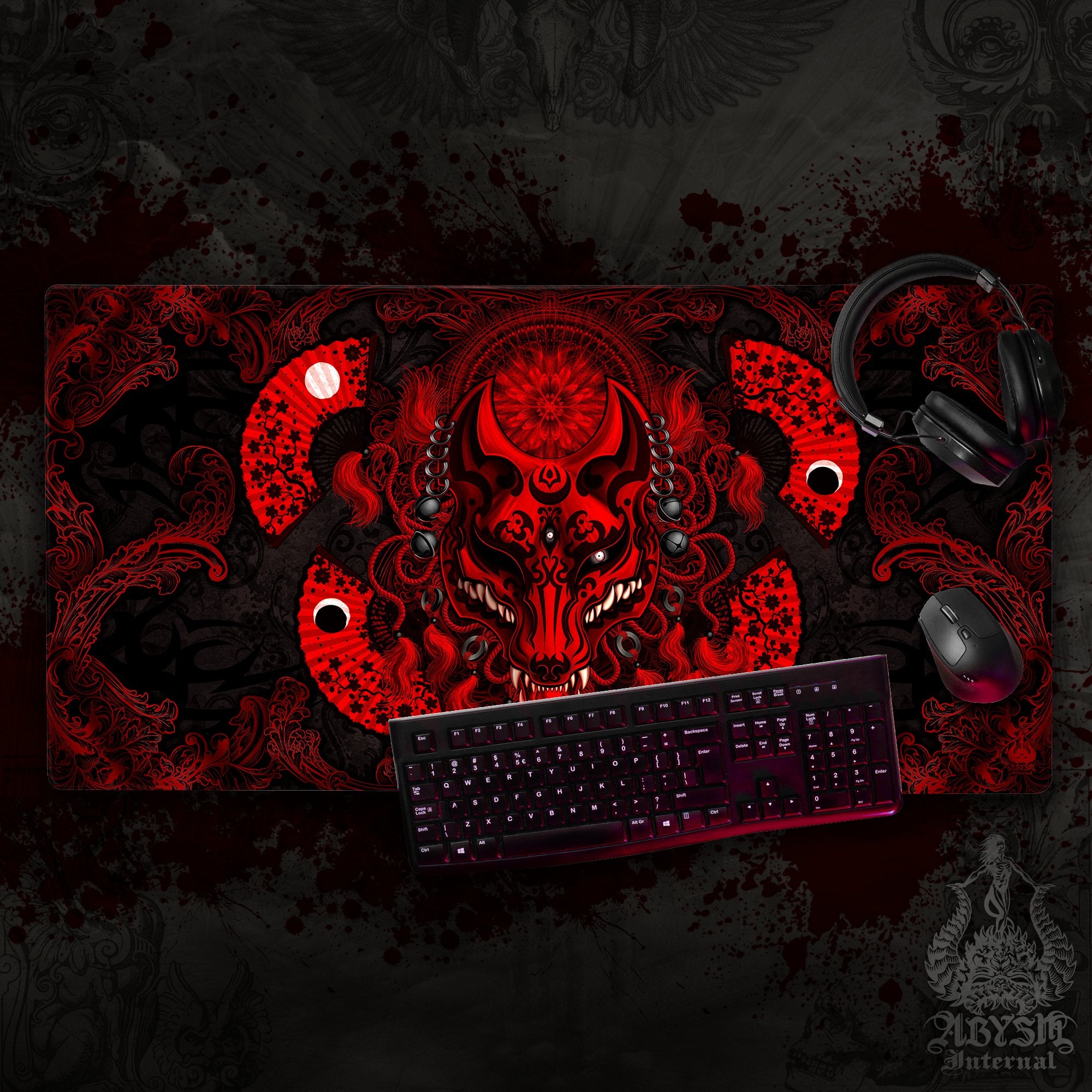 Fox Mask Gaming Mouse Pad, Kitsune Desk Mat, Japanese Wolf Table Protector Cover, Anime Youkai Workpad, Bloody Gothic Manga Okami Art Print – Black Red Fox Mask Gaming Mouse Pad, Kitsune Desk Mat, Japanese Wolf Table Protector Cover, Anime Youkai Workpad, Bloody Gothic Manga Okami Art Print – Black Red