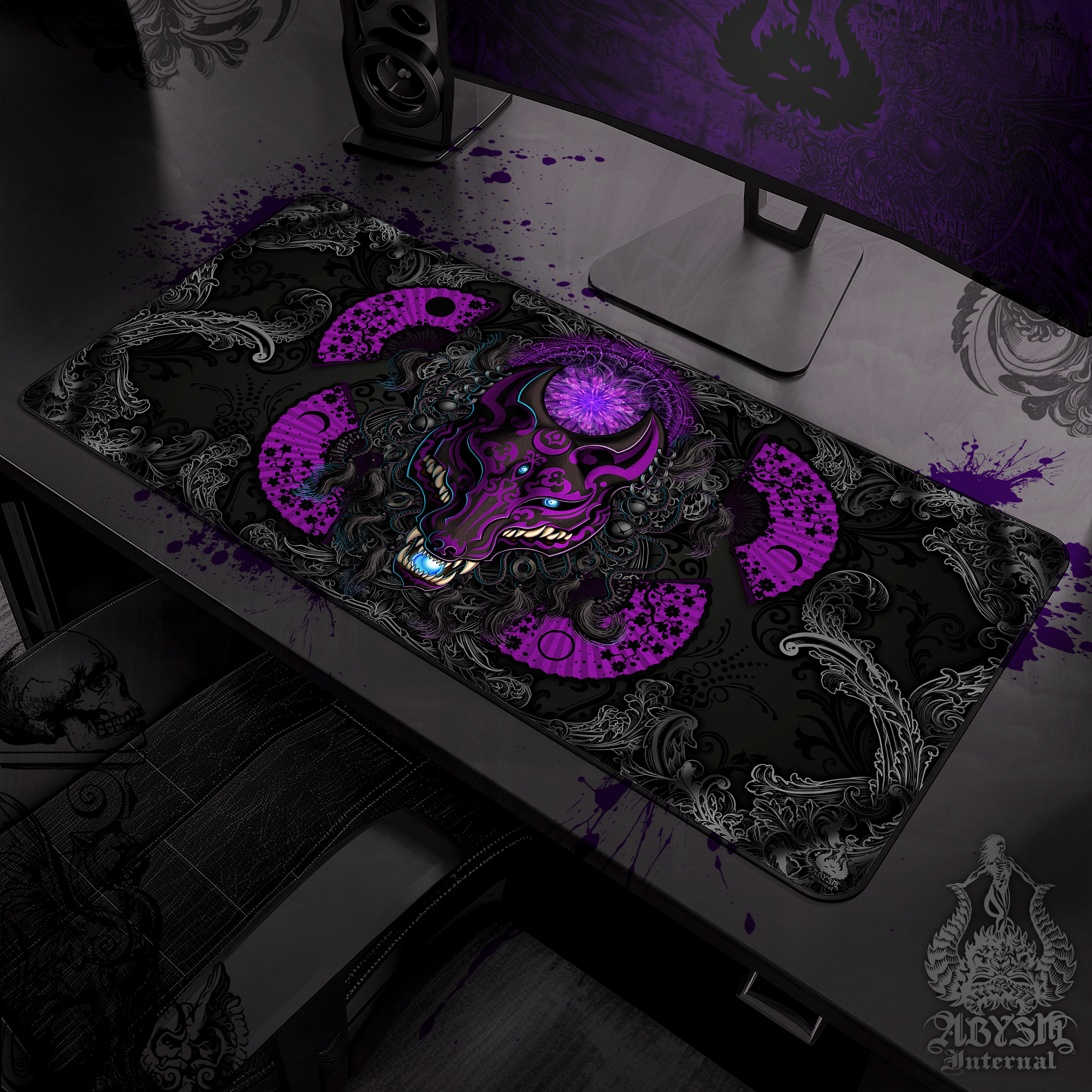 Fox Mask Mouse Pad, Kitsune Gaming Desk Mat, Japanese Wolf Workpad, Anime Youkai Table Protector Cover, Pastel Goth Manga Okami Art Print – Black Purple