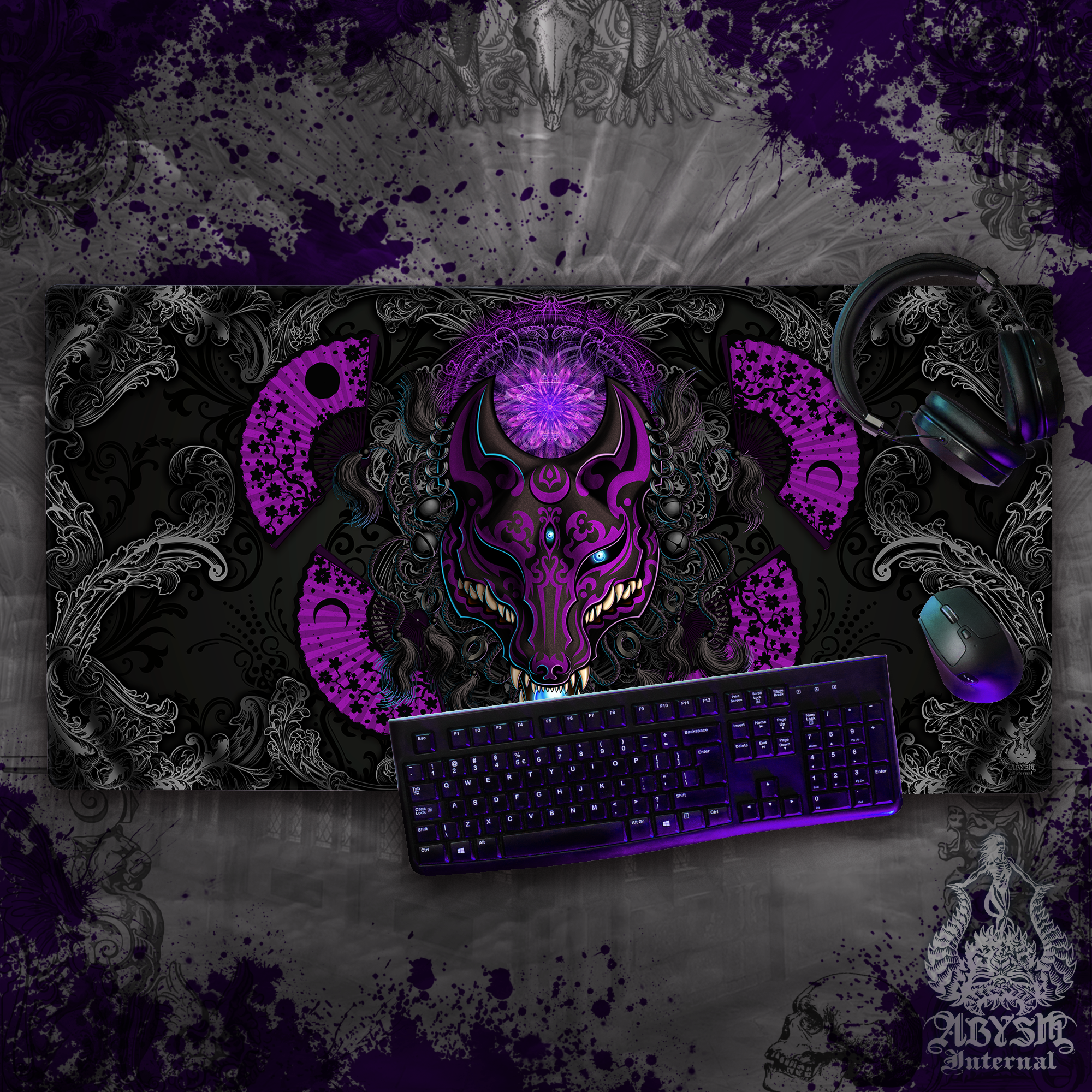 Fox Mask Mouse Pad, Kitsune Gaming Desk Mat, Japanese Wolf Workpad, Anime Youkai Table Protector Cover, Pastel Goth Manga Okami Art Print – Black Purple Fox Mask Mouse Pad, Kitsune Gaming Desk Mat, Japanese Wolf Workpad, Anime Youkai Table Protector Cover, Pastel Goth Manga Okami Art Print – Black Purple