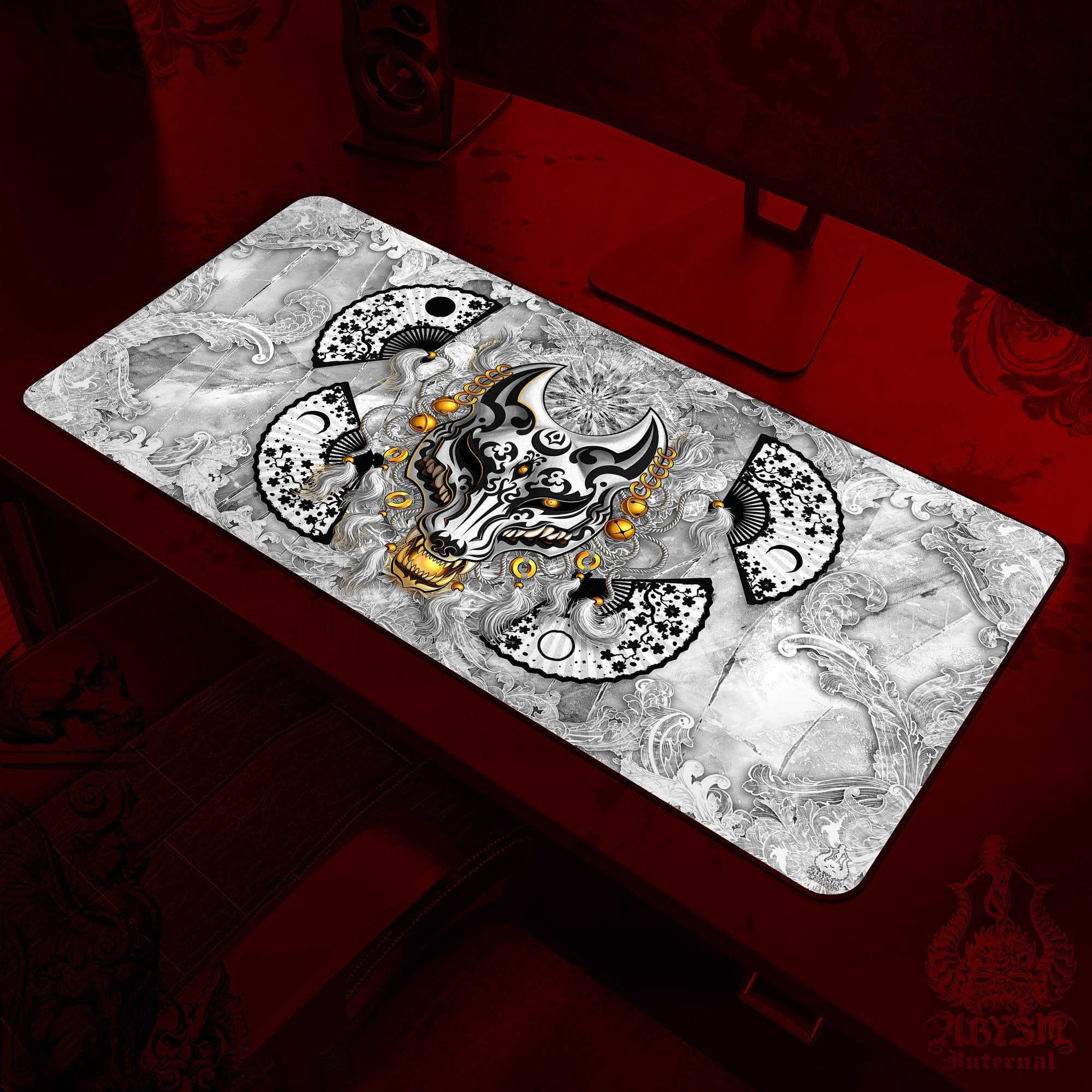 Fox Mask Workpad, Kitsune Desk Mat, Japanese Wolf Gaming Mouse Pad, Anime Youkai Table Protector Cover, Manga Okami Art Print – White Goth Black