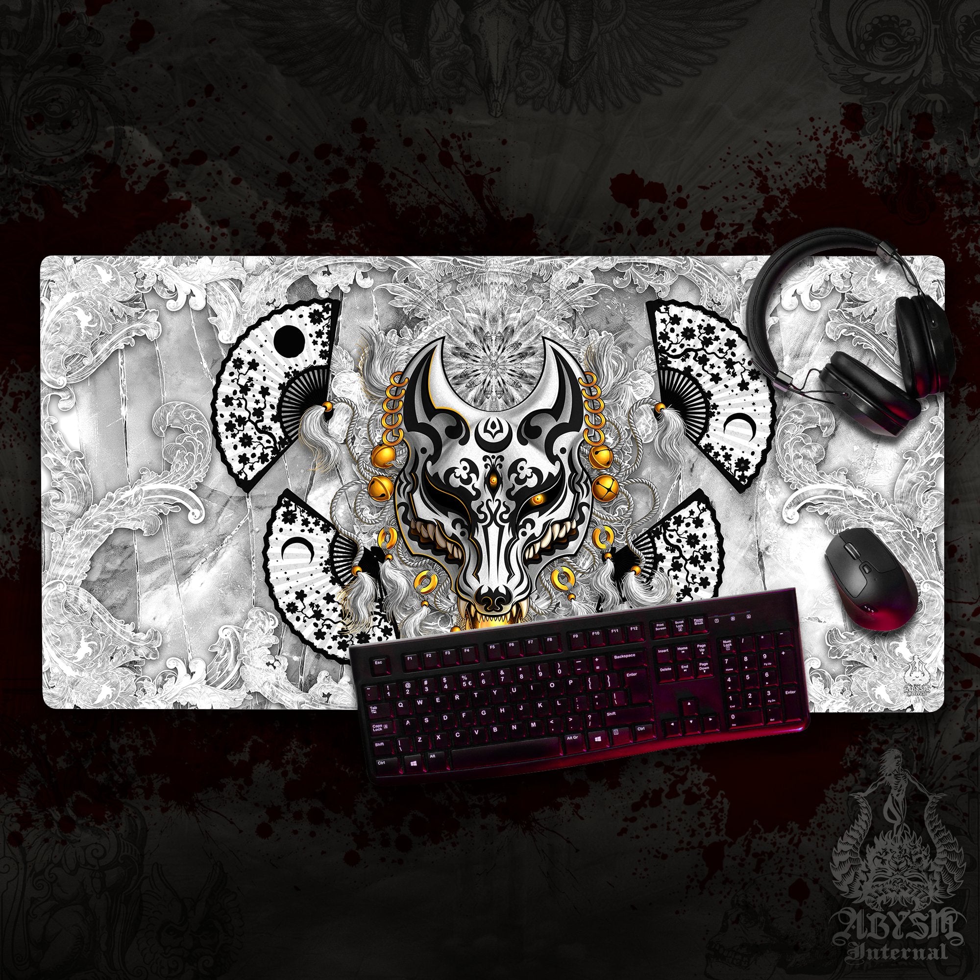 Fox Mask Workpad, Kitsune Desk Mat, Japanese Wolf Gaming Mouse Pad, Anime Youkai Table Protector Cover, Manga Okami Art Print – White Goth Black Fox Mask Workpad, Kitsune Desk Mat, Japanese Wolf Gaming Mouse Pad, Anime Youkai Table Protector Cover, Manga Okami Art Print – White Goth Black