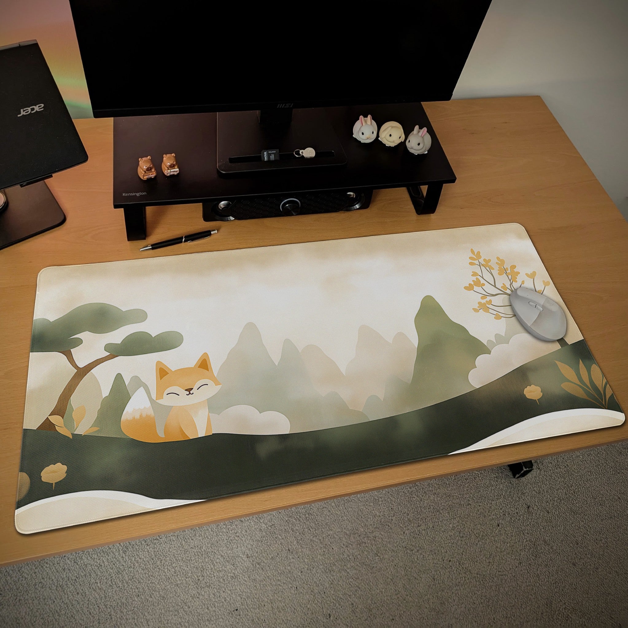 Fox in the Mist Desk Mat  Retro Scrapbook Minimalist Mouse Pad