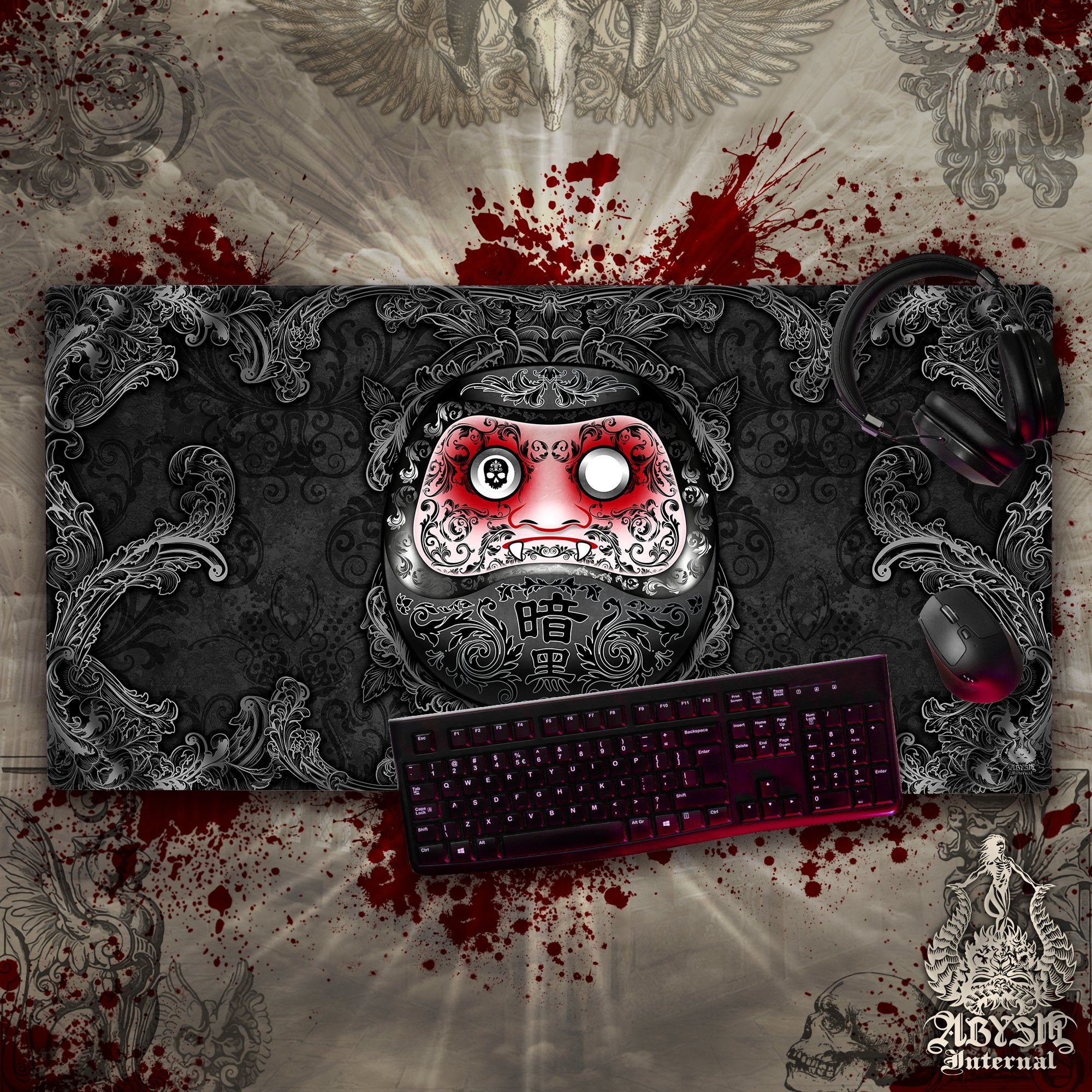 Gaming Desk Mat, Funny Daruma Mouse Pad, Gothic Table Protector Cover, Black Workpad, Dark Japanese Art Print – 2 Colors