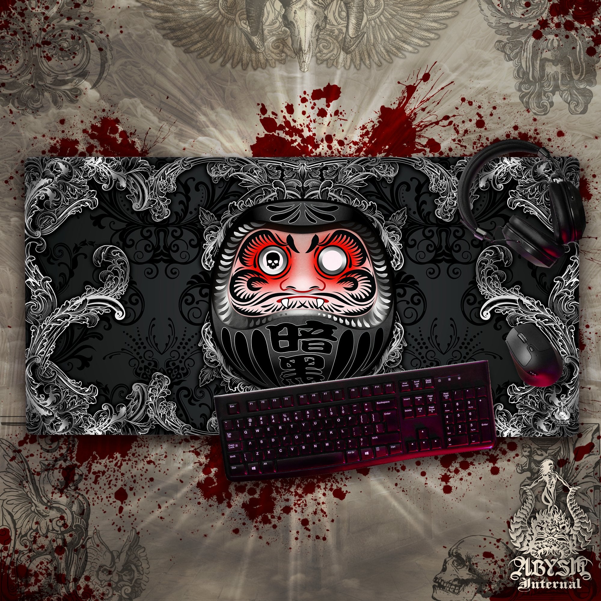 Gaming Desk Mat, Funny Daruma Mouse Pad, Gothic Table Protector Cover, Black Workpad, Dark Japanese Art Print – 2 Colors Gaming Desk Mat, Funny Daruma Mouse Pad, Gothic Table Protector Cover, Black Workpad, Dark Japanese Art Print – 2 Colors