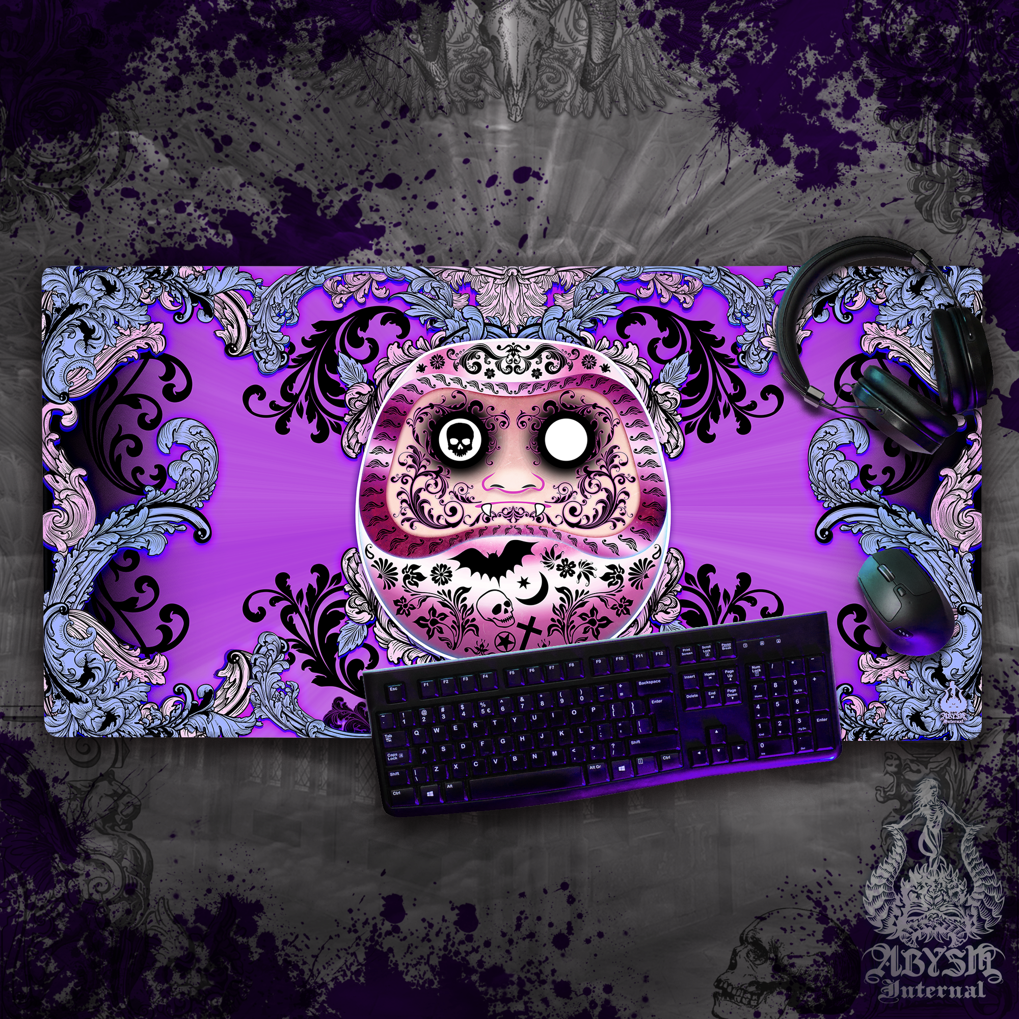 Gaming Mouse Pad, Funny Daruma Desk Mat, Pastel Goth Table Protector Cover, Purple and Black Workpad, Dark Japanese Art Print – 2 Colors