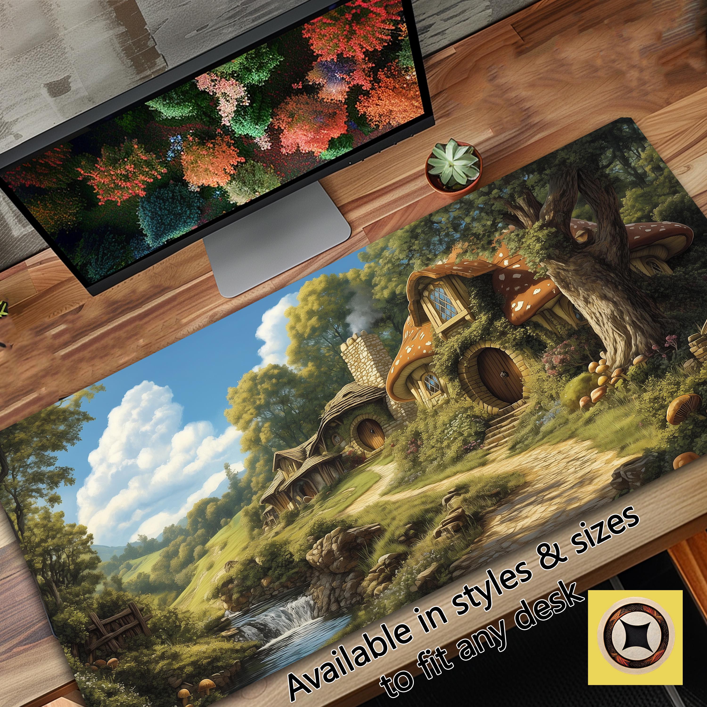 Gaming Playmat Desk Mat Featuring Anime Inspired Fantasy Halfling Homes in Lovely Nostalgic Cottagecore Setting – Bookish Desk Pad Mou