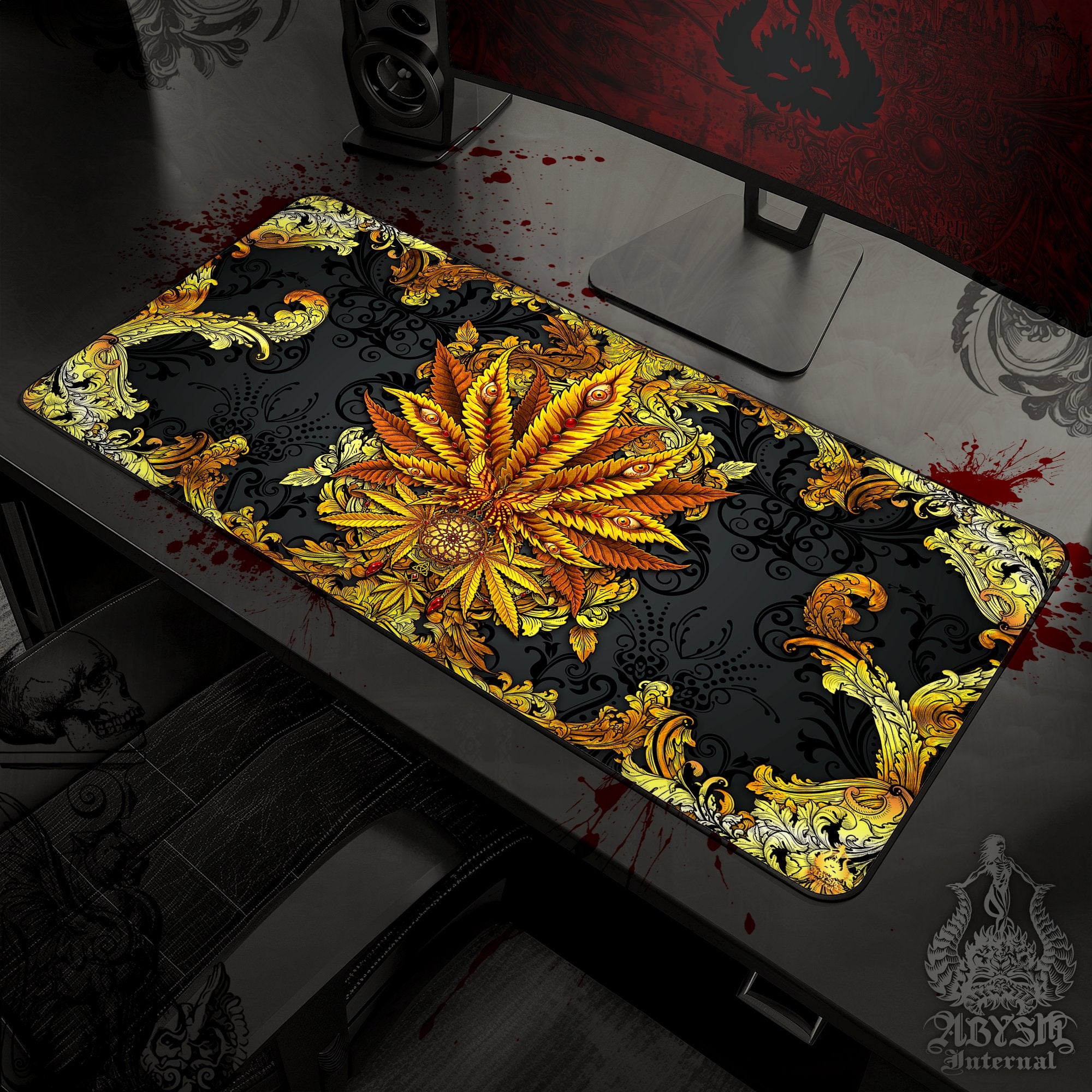 Gold Cannabis Desk Mat, Weed Gaming Mouse Pad, Marijuana Table Protector Cover, 420 Workpad, Art Print