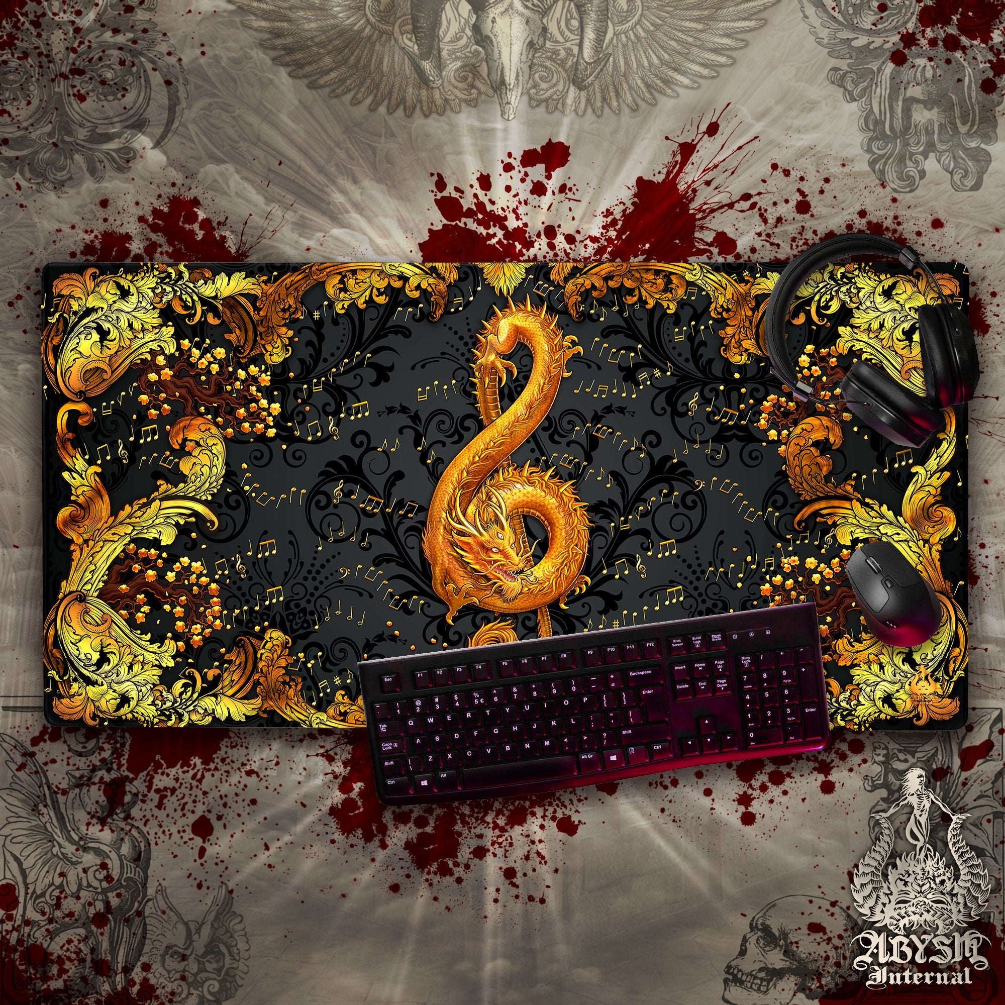 Gold Dragon Desk Mat, Music Gaming Mouse Pad, Asian Table Protector Cover, Ornamented Workpad, Treble Clef Art Print – 2 Colors