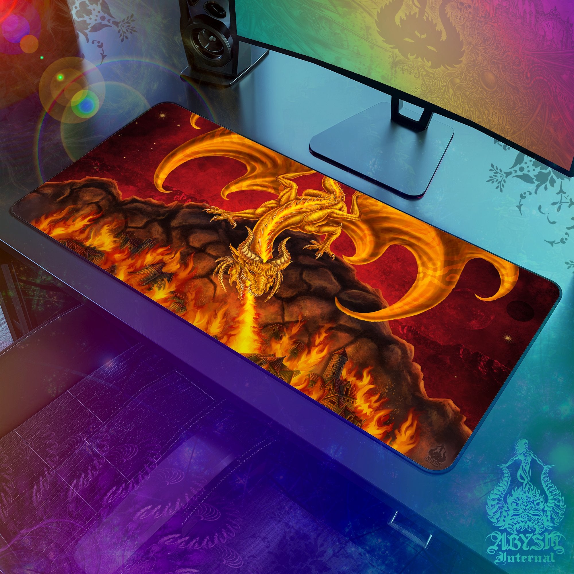 Gold Dragon Workpad, Fantasy Art Gaming Mouse Pad, Game Desk Mat, Table Protector Cover, RPG, DM Gift Print – Fire