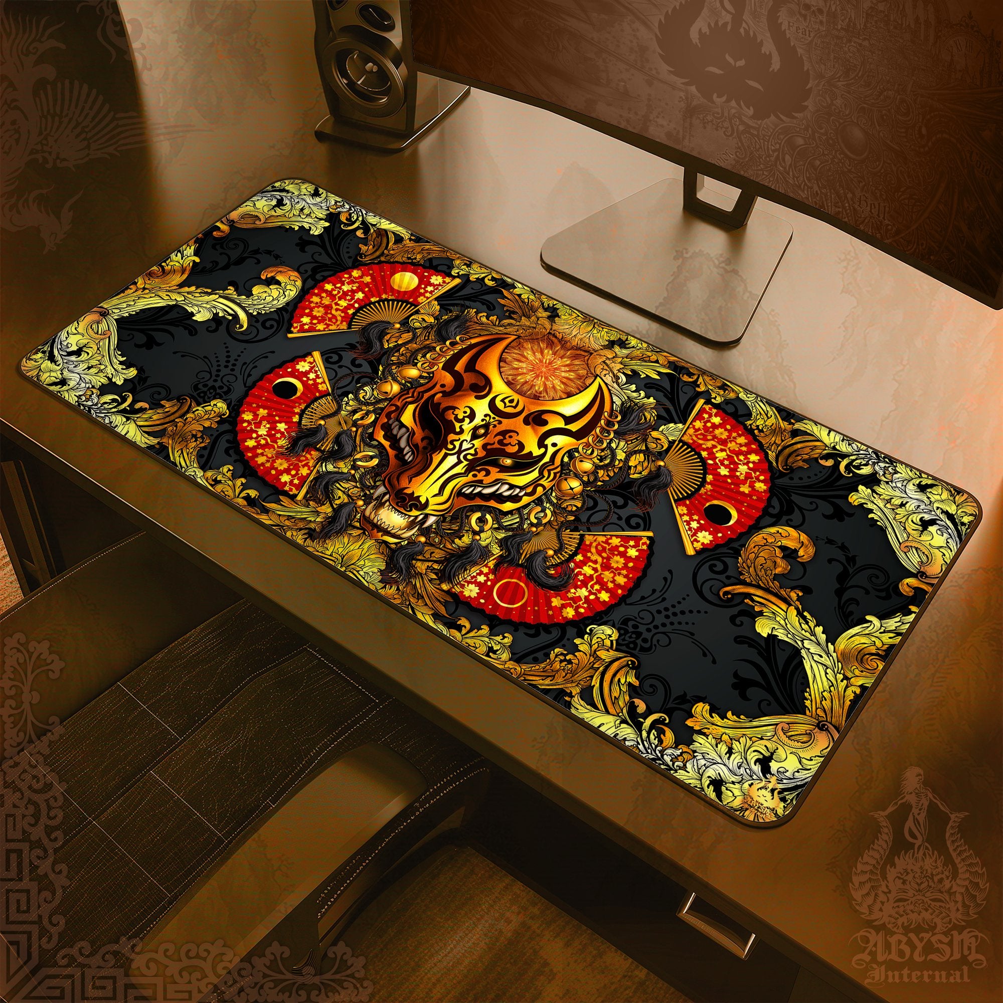 Gold Kitsune Mouse Pad, Fox Mask Gaming Desk Mat, Manga Wolf Workpad, Anime Okami Table Protector Cover, Japanese Youkai Art Print
