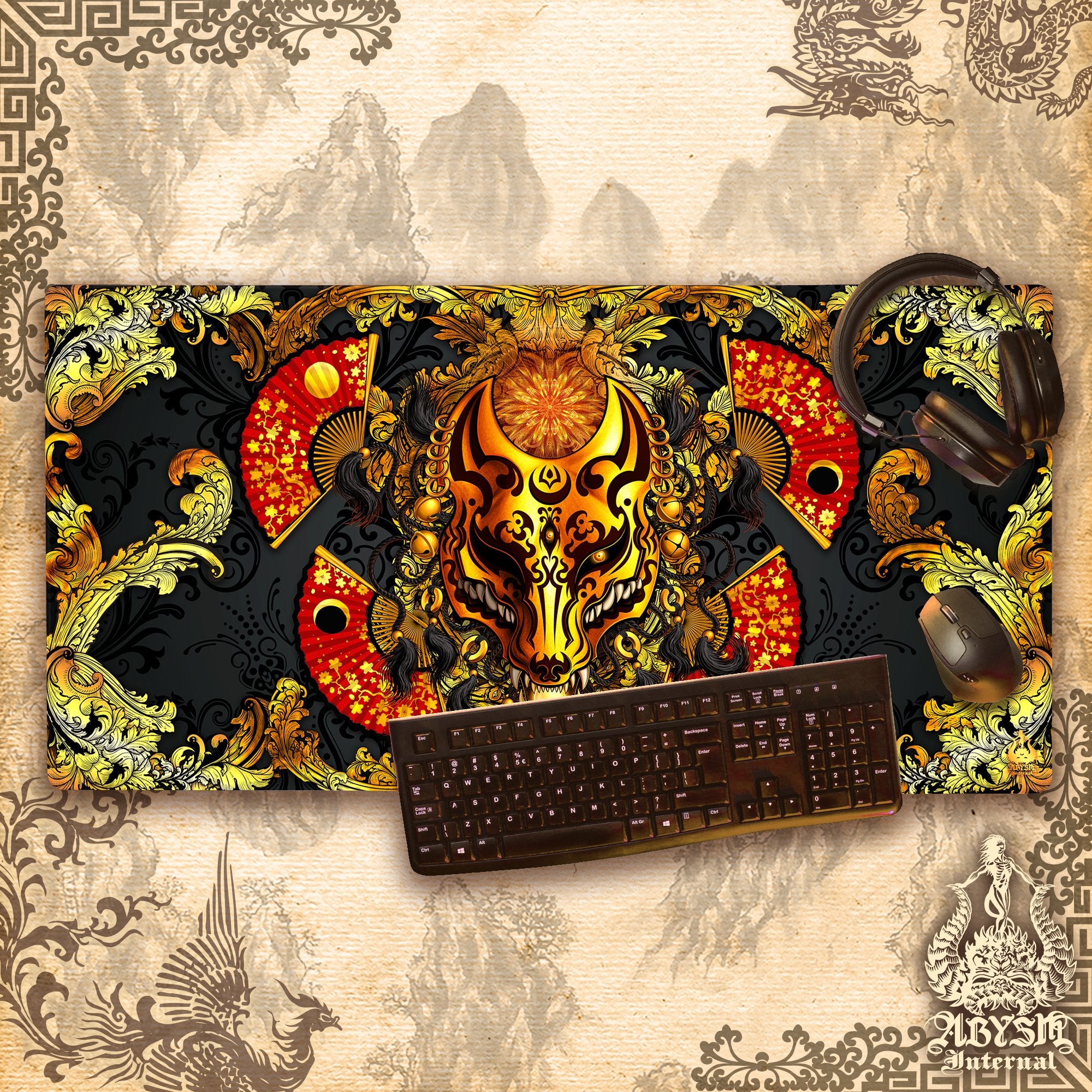 Gold Kitsune Mouse Pad, Fox Mask Gaming Desk Mat, Manga Wolf Workpad, Anime Okami Table Protector Cover, Japanese Youkai Art Print Gold Kitsune Mouse Pad, Fox Mask Gaming Desk Mat, Manga Wolf Workpad, Anime Okami Table Protector Cover, Japanese Youkai Art Print