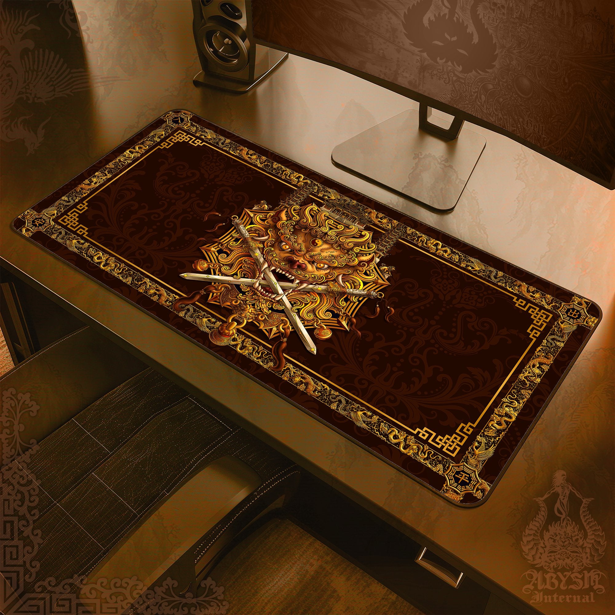 Gold Lion Gaming Mouse Pad, Taiwan Desk Mat, Chinese Table Protector Cover, Asian Workpad, Fanasy Art Print