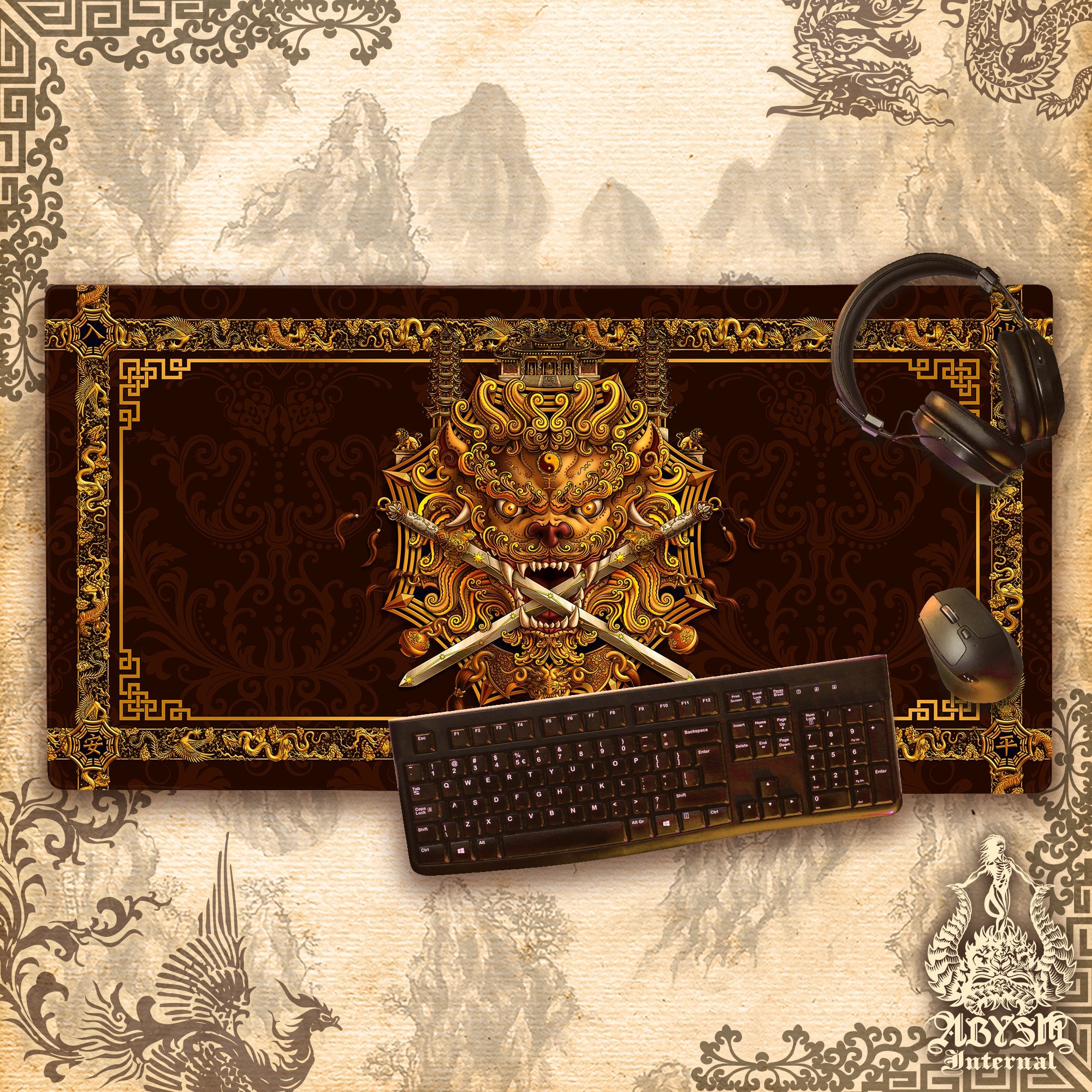 Gold Lion Gaming Mouse Pad, Taiwan Desk Mat, Chinese Table Protector Cover, Asian Workpad, Fanasy Art Print Gold Lion Gaming Mouse Pad, Taiwan Desk Mat, Chinese Table Protector Cover, Asian Workpad, Fanasy Art Print