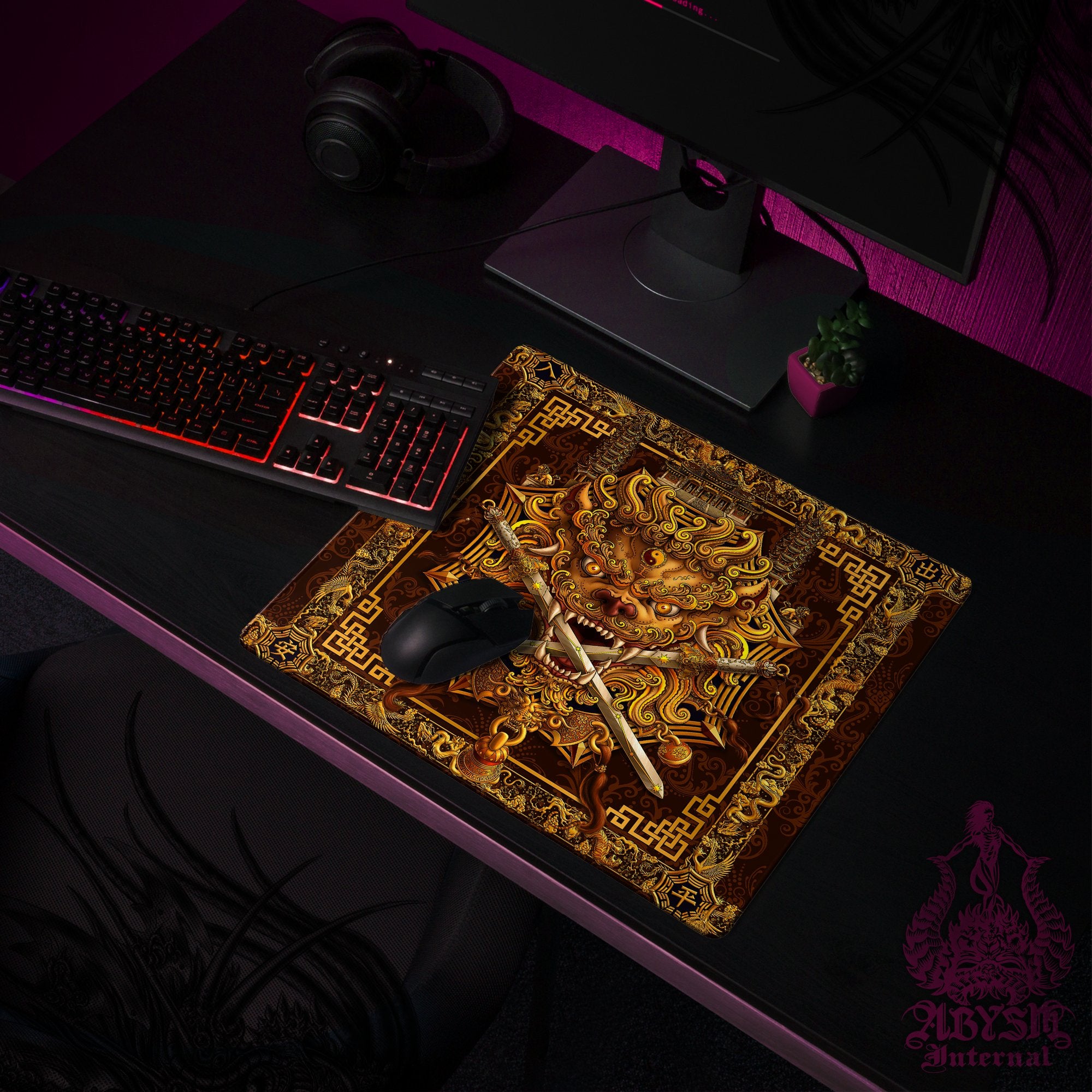 Gold Lion Gaming Mouse Pad, Taiwan Desk Mat, Chinese Table Protector Cover, Asian Workpad, Fanasy Art Print Gold Lion Gaming Mouse Pad, Taiwan Desk Mat, Chinese Table Protector Cover, Asian Workpad, Fanasy Art Print