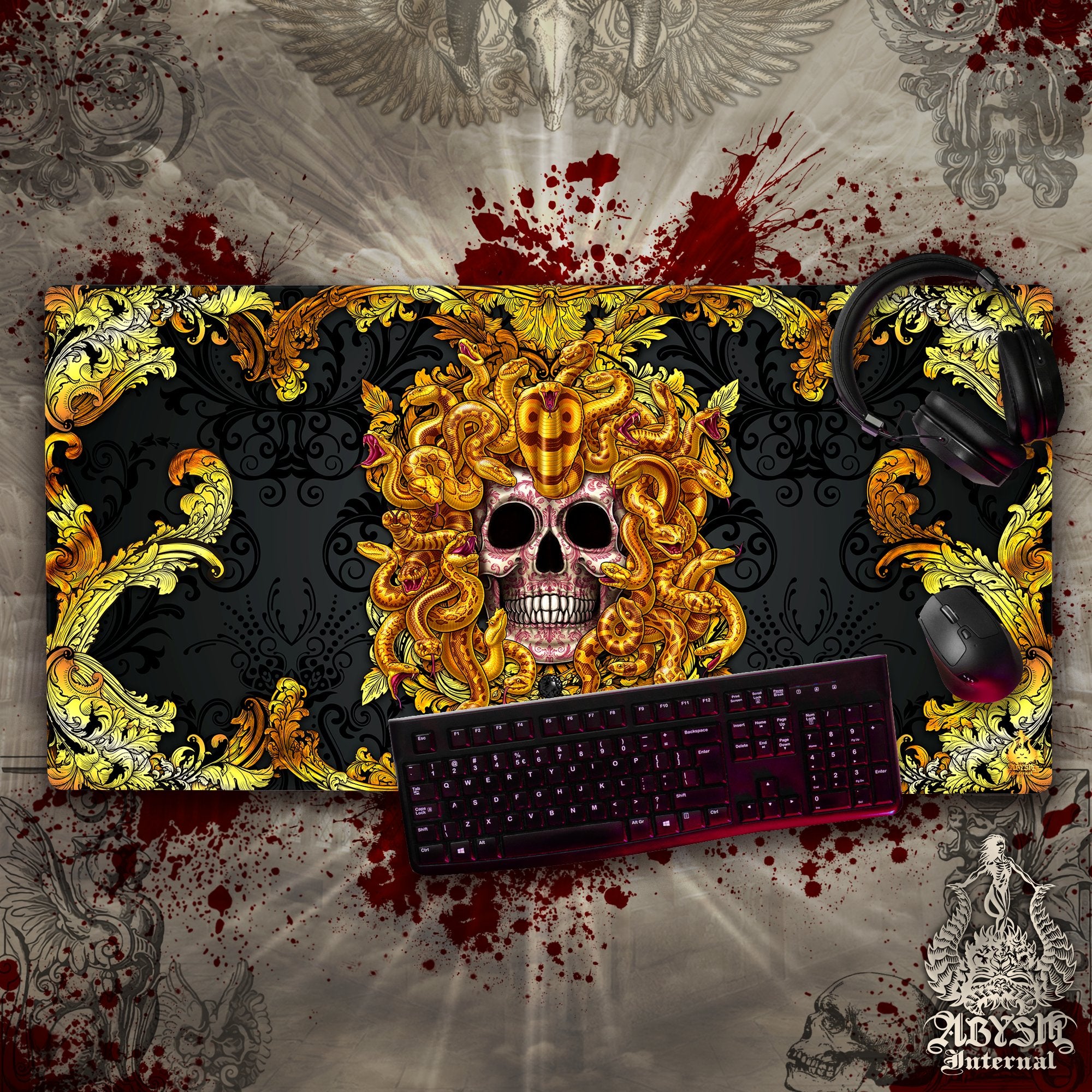 Gold Medusa Mouse Pad, Baroque Skull Gaming Desk Mat, Ornamented Workpad, Gamer Table Protector Cover, Dark Fantasy Art Print – 2 Options Gold Medusa Mouse Pad, Baroque Skull Gaming Desk Mat, Ornamented Workpad, Gamer Table Protector Cover, Dark Fantasy Art Print – 2 Options