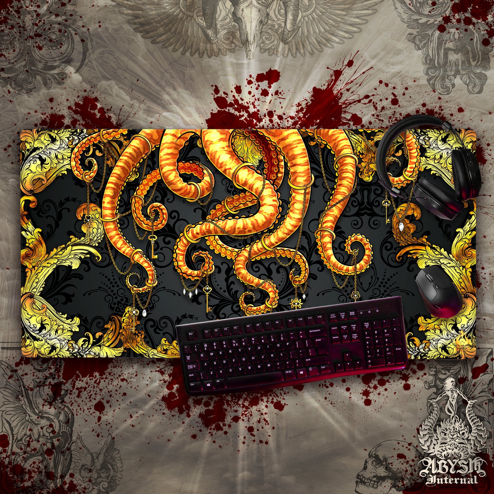 Gold Octopus Mouse Pad, Tentacles Gaming Desk Mat, Baroque Workpad, Gamer Table Protector Cover, Fantasy Art Print – 2 Colors