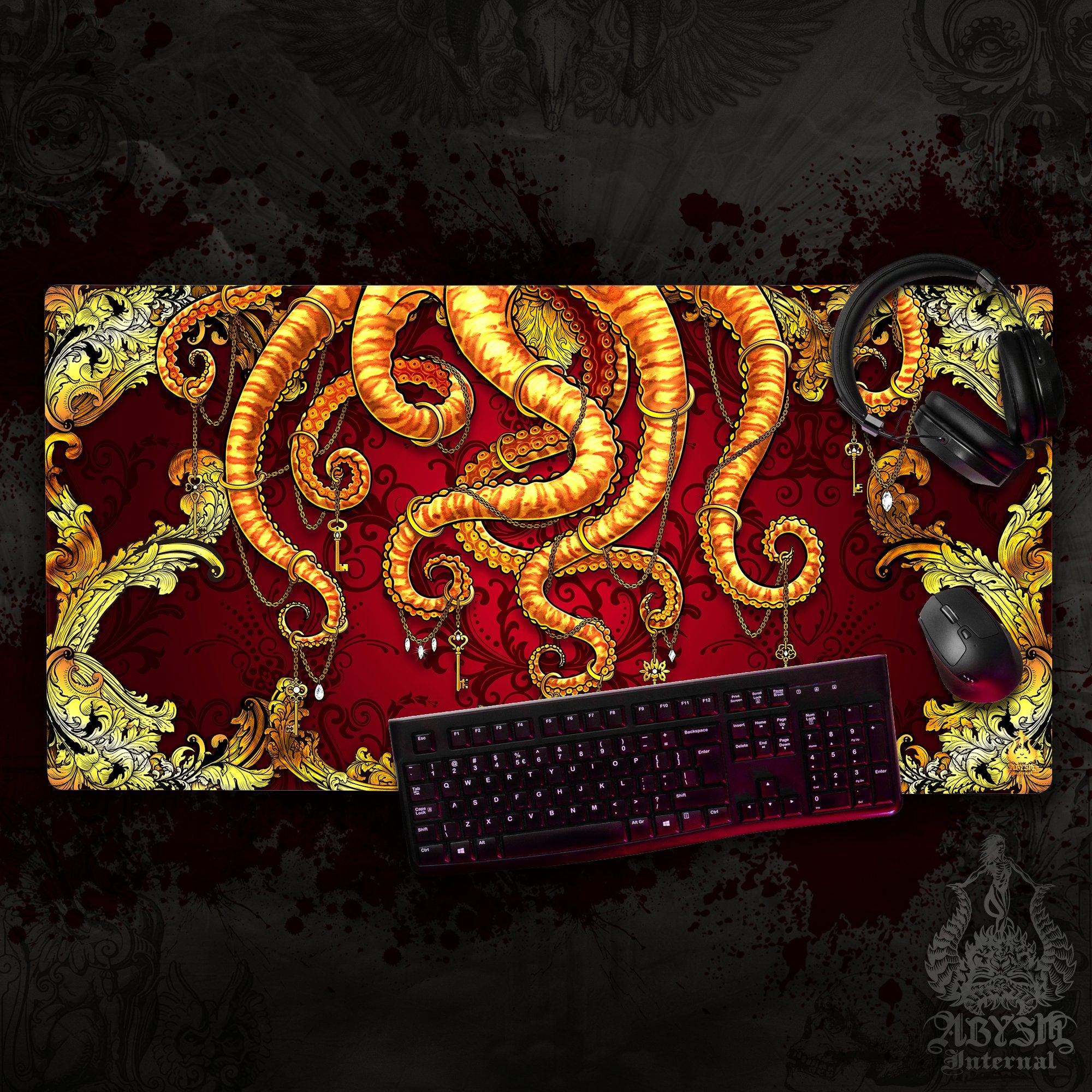 Gold Octopus Mouse Pad, Tentacles Gaming Desk Mat, Baroque Workpad, Gamer Table Protector Cover, Fantasy Art Print – 2 Colors Gold Octopus Mouse Pad, Tentacles Gaming Desk Mat, Baroque Workpad, Gamer Table Protector Cover, Fantasy Art Print – 2 Colors