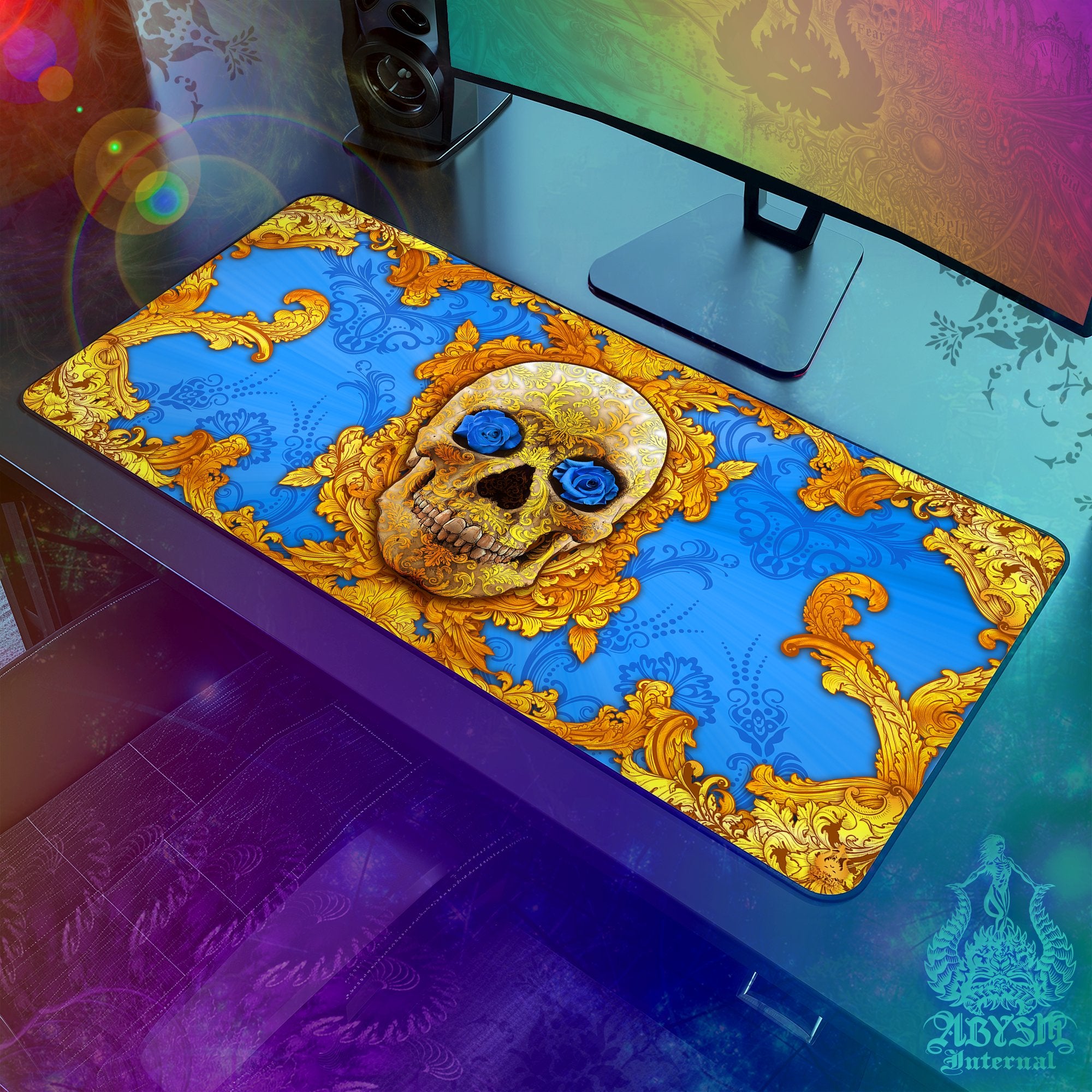 Gold Skull Desk Mat, Cyan Gaming Mouse Pad, Baroque Table Protector Cover, Blue Roses Workpad, Ornamented Art Print