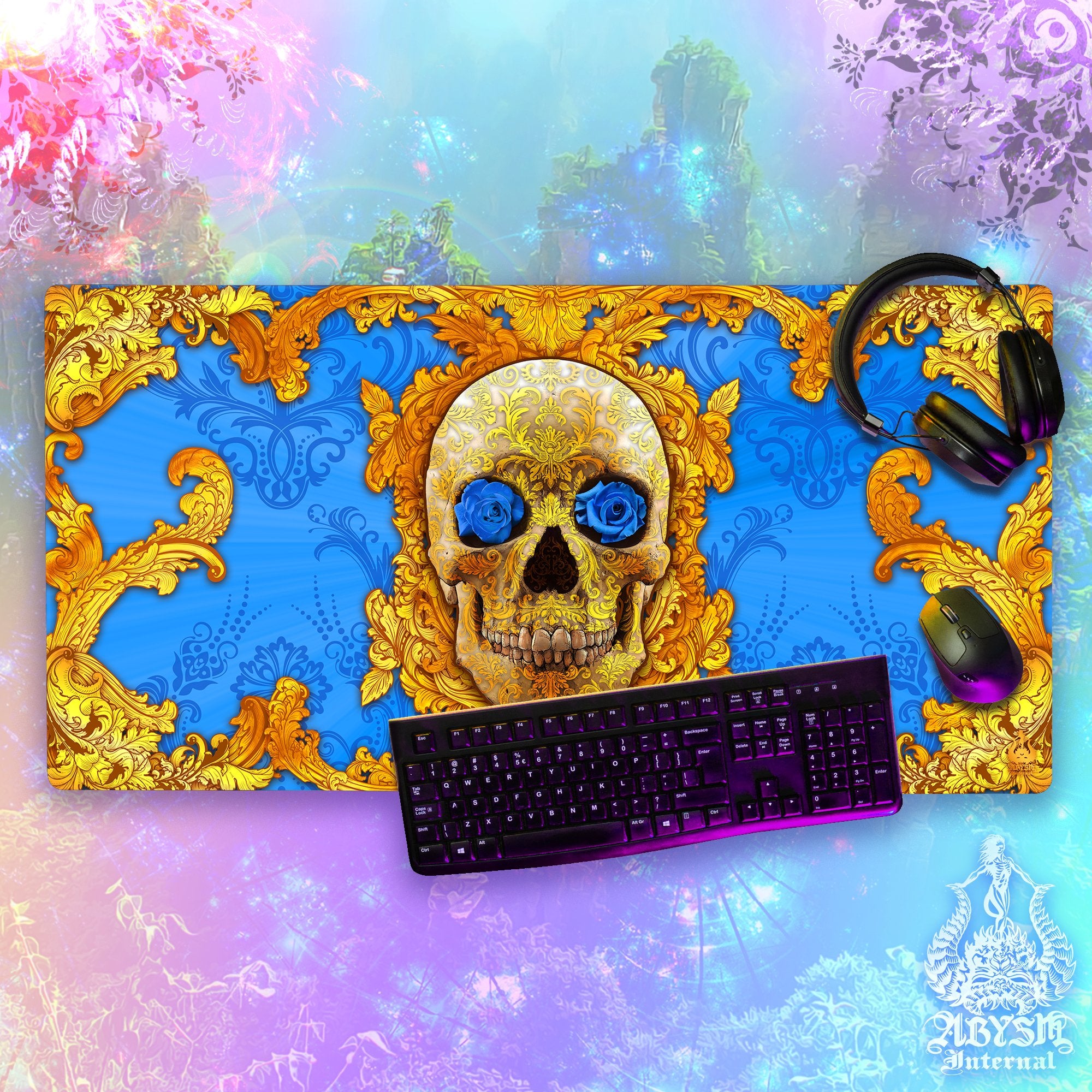 Gold Skull Desk Mat, Cyan Gaming Mouse Pad, Baroque Table Protector Cover, Blue Roses Workpad, Ornamented Art Print Gold Skull Desk Mat, Cyan Gaming Mouse Pad, Baroque Table Protector Cover, Blue Roses Workpad, Ornamented Art Print