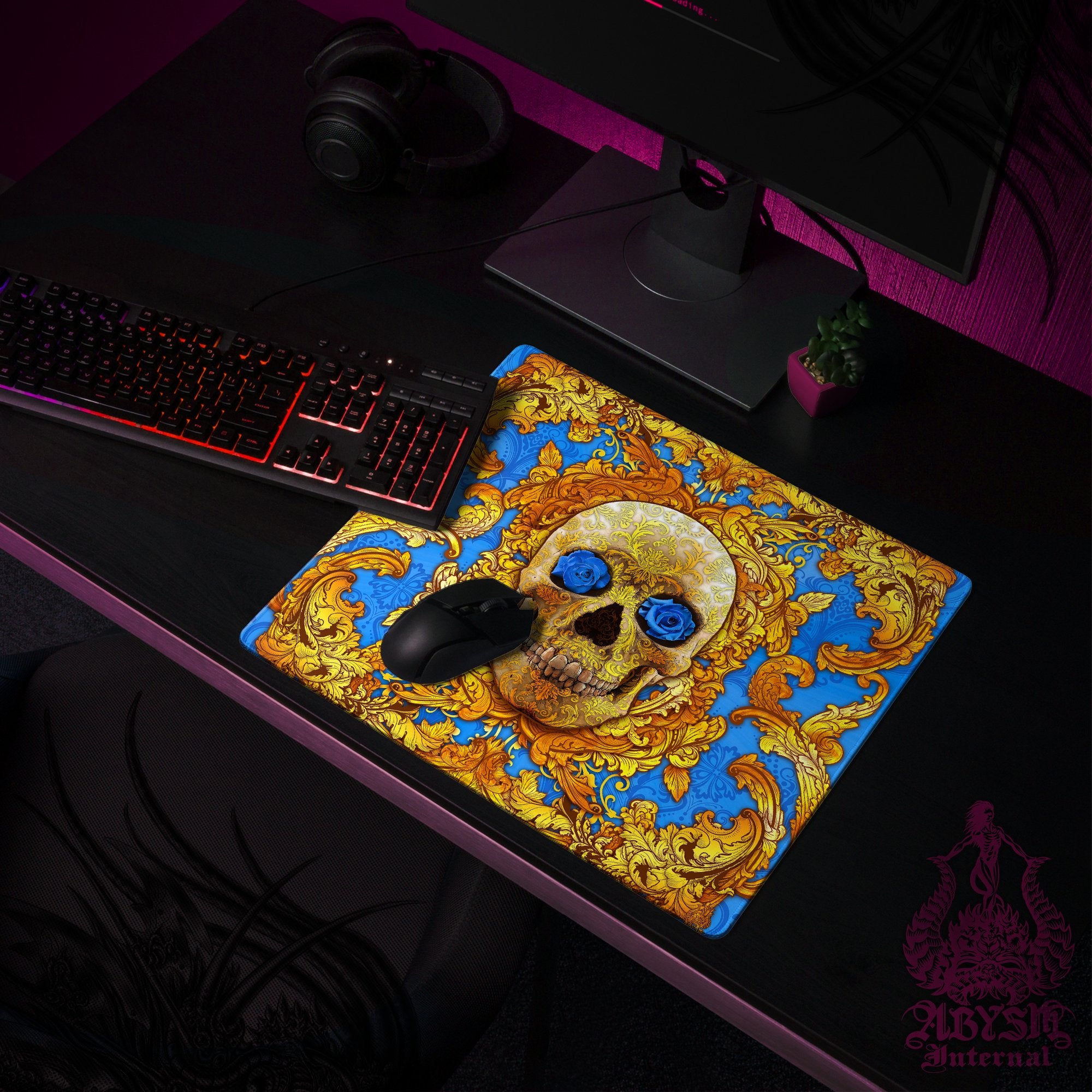 Gold Skull Desk Mat, Cyan Gaming Mouse Pad, Baroque Table Protector Cover, Blue Roses Workpad, Ornamented Art Print Gold Skull Desk Mat, Cyan Gaming Mouse Pad, Baroque Table Protector Cover, Blue Roses Workpad, Ornamented Art Print