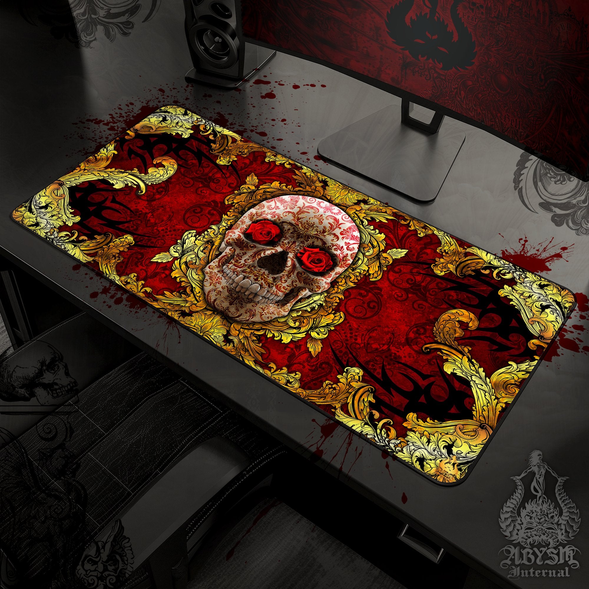 Gold Skull Desk Mat, Ornamented Gaming Mouse Pad, Vintage Table Protector Cover, Baroque Workpad, Art Print – Red
