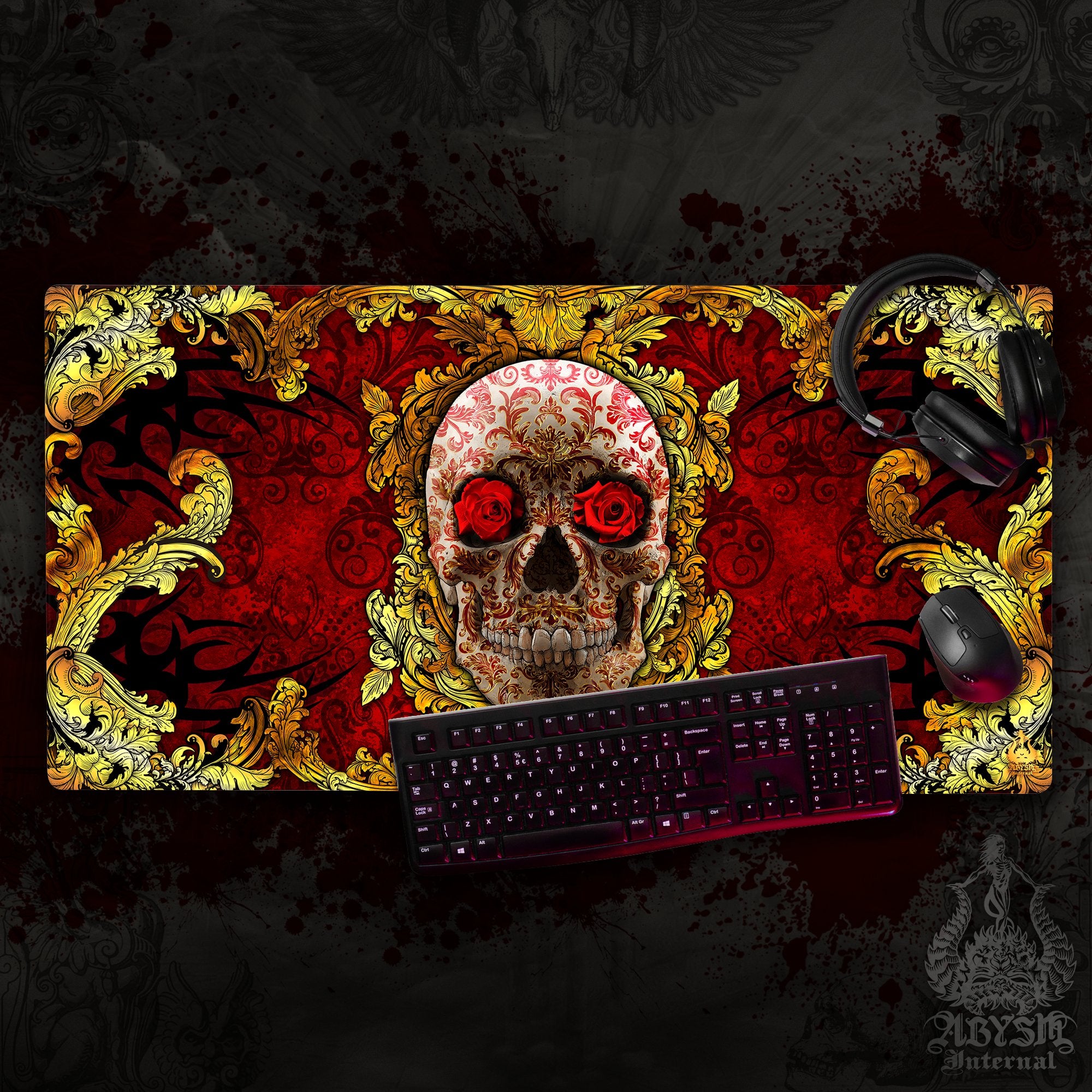 Gold Skull Desk Mat, Ornamented Gaming Mouse Pad, Vintage Table Protector Cover, Baroque Workpad, Art Print – Red Gold Skull Desk Mat, Ornamented Gaming Mouse Pad, Vintage Table Protector Cover, Baroque Workpad, Art Print – Red