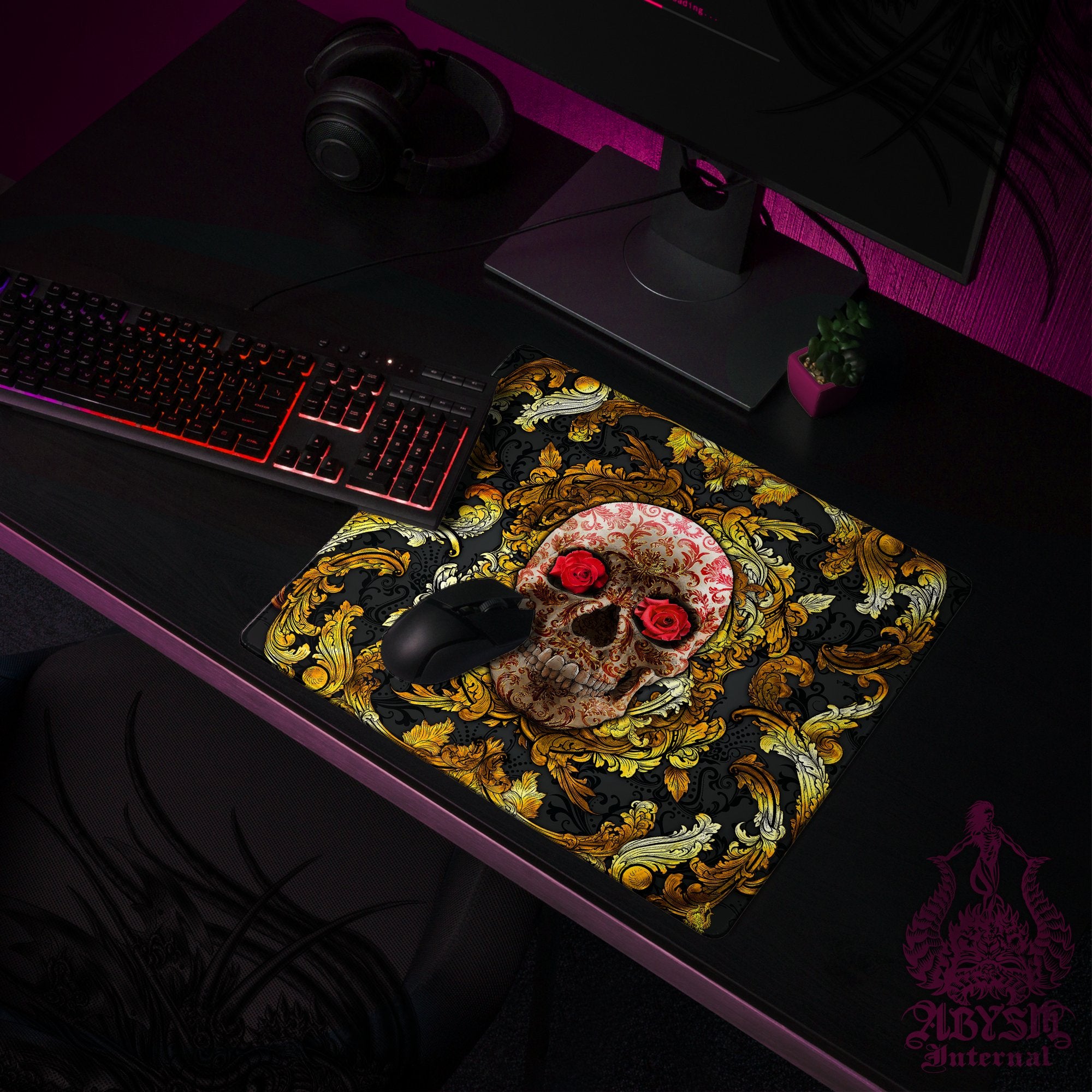Gold Skull Desk Mat, Ornamented Gaming Mouse Pad, Vintage Table Protector Cover, Baroque Workpad, Art Print – Red Gold Skull Desk Mat, Ornamented Gaming Mouse Pad, Vintage Table Protector Cover, Baroque Workpad, Art Print – Red