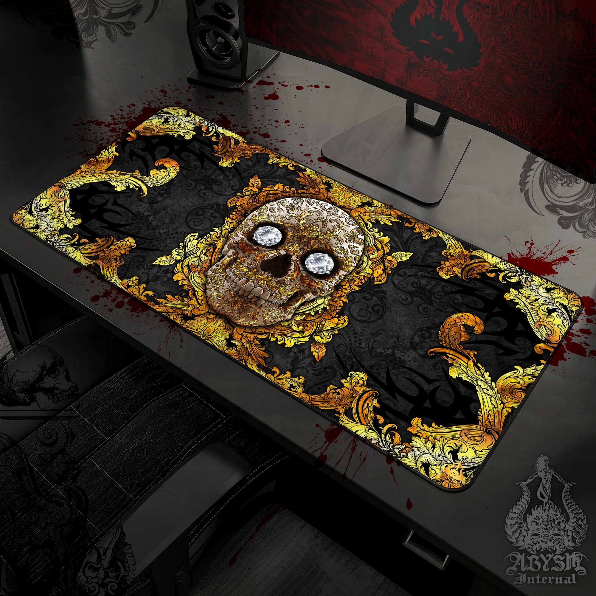 Gold Skull Workpad, Baroque Desk Mat, Ornamented Gaming Mouse Pad, Vintage Table Protector Cover, Art Print – Black