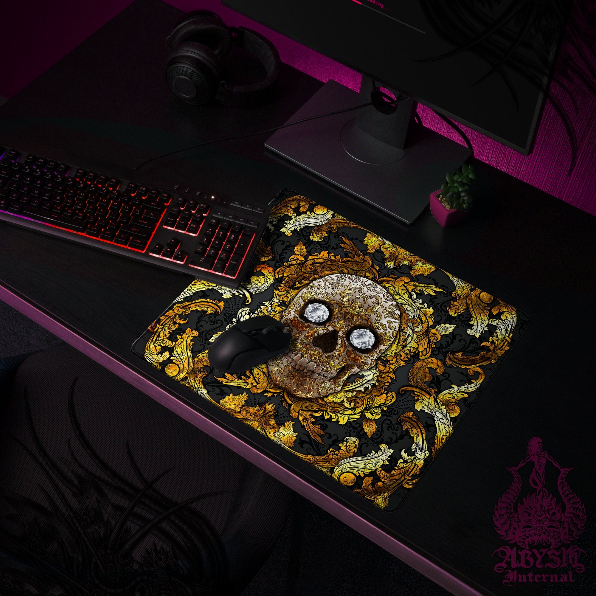 Gold Skull Workpad, Baroque Desk Mat, Ornamented Gaming Mouse Pad, Vintage Table Protector Cover, Art Print – Black Gold Skull Workpad, Baroque Desk Mat, Ornamented Gaming Mouse Pad, Vintage Table Protector Cover, Art Print – Black