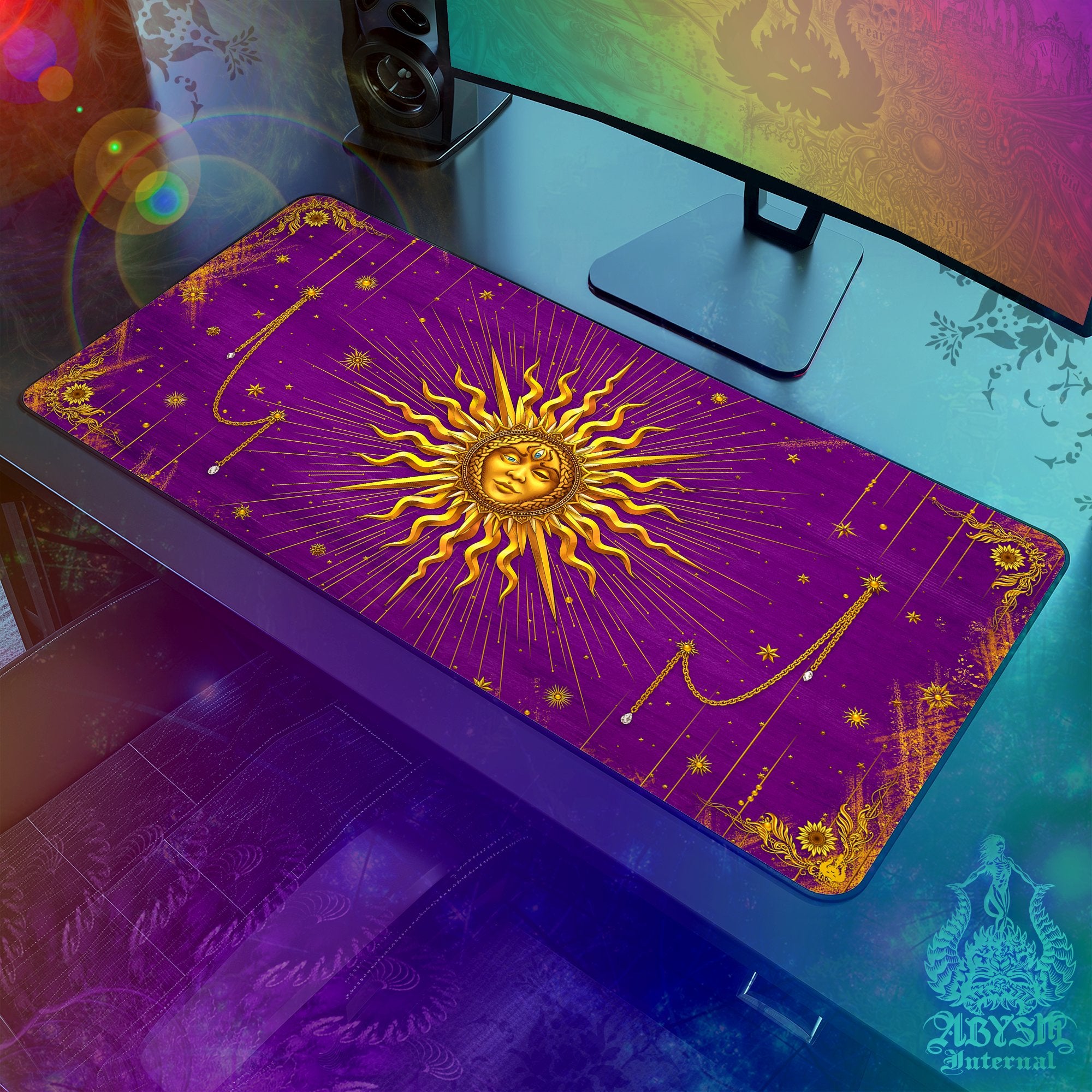 Gold Sun Mouse Pad, Tarot Arcana Gaming Desk Mat, Witch Workpad, Boho Table Protector Cover, Indie Room, Esoteric Art Print – 7 Colors