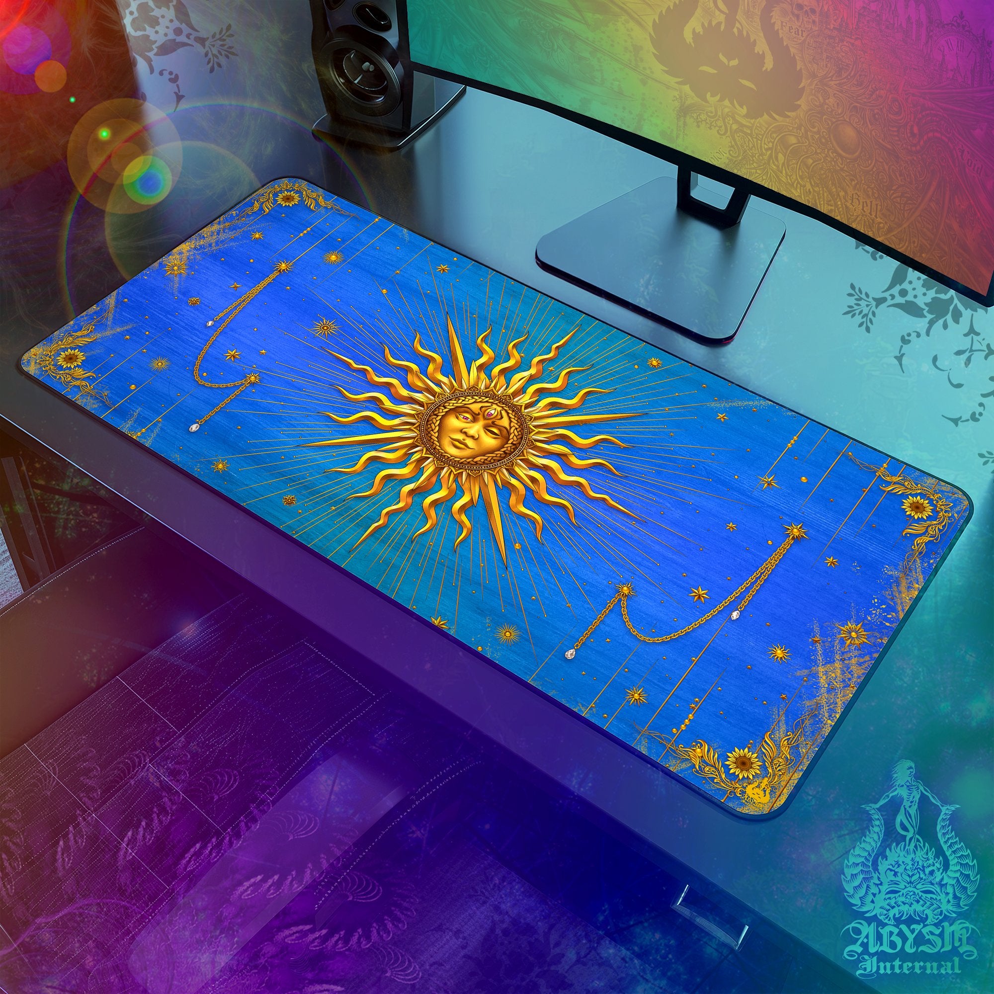 Gold Sun Mouse Pad, Tarot Arcana Gaming Desk Mat, Witch Workpad, Boho Table Protector Cover, Indie Room, Esoteric Art Print – 7 Colors Gold Sun Mouse Pad, Tarot Arcana Gaming Desk Mat, Witch Workpad, Boho Table Protector Cover, Indie Room, Esoteric Art Print – 7 Colors