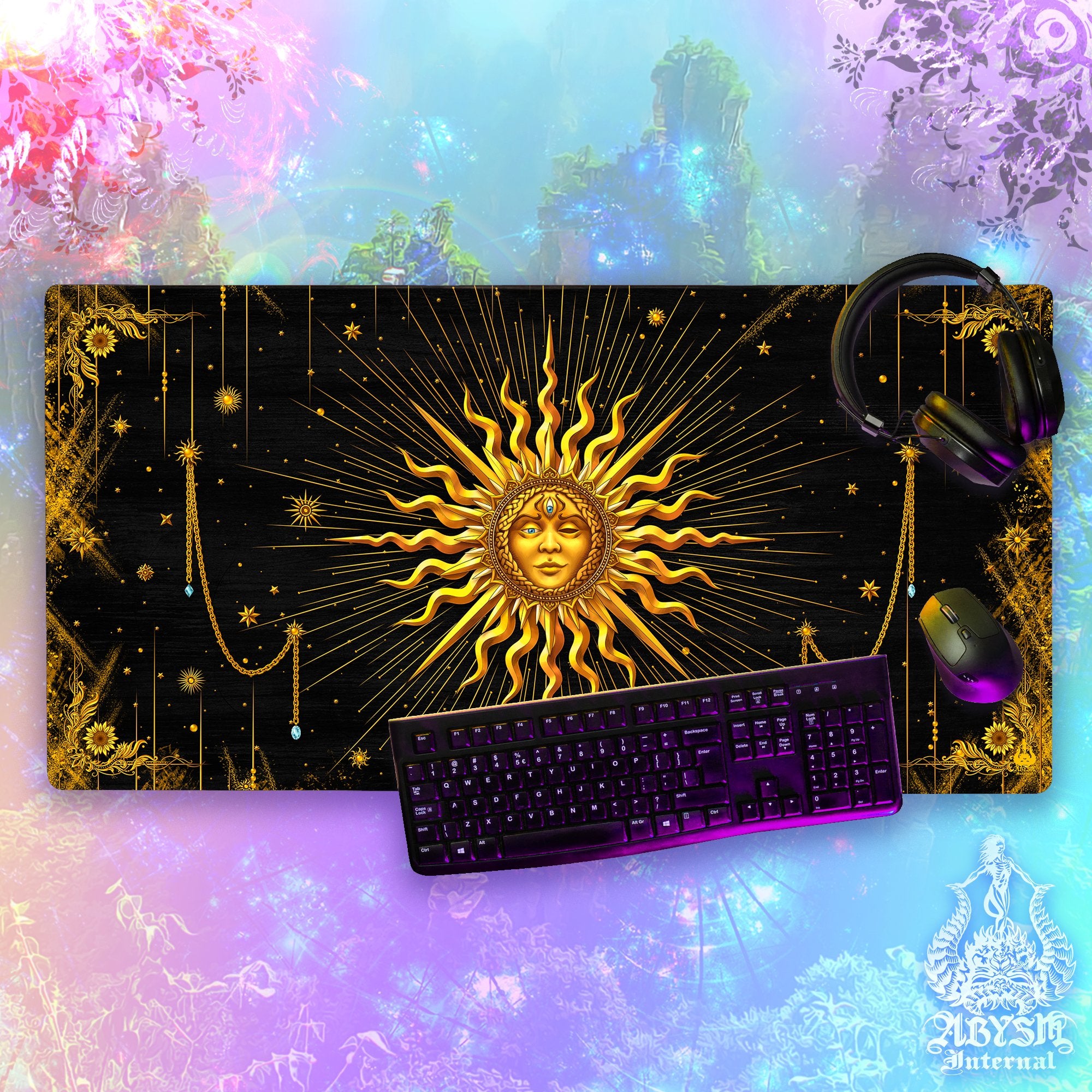 Gold Sun Mouse Pad, Tarot Arcana Gaming Desk Mat, Witch Workpad, Boho Table Protector Cover, Indie Room, Esoteric Art Print – 7 Colors Gold Sun Mouse Pad, Tarot Arcana Gaming Desk Mat, Witch Workpad, Boho Table Protector Cover, Indie Room, Esoteric Art Print – 7 Colors