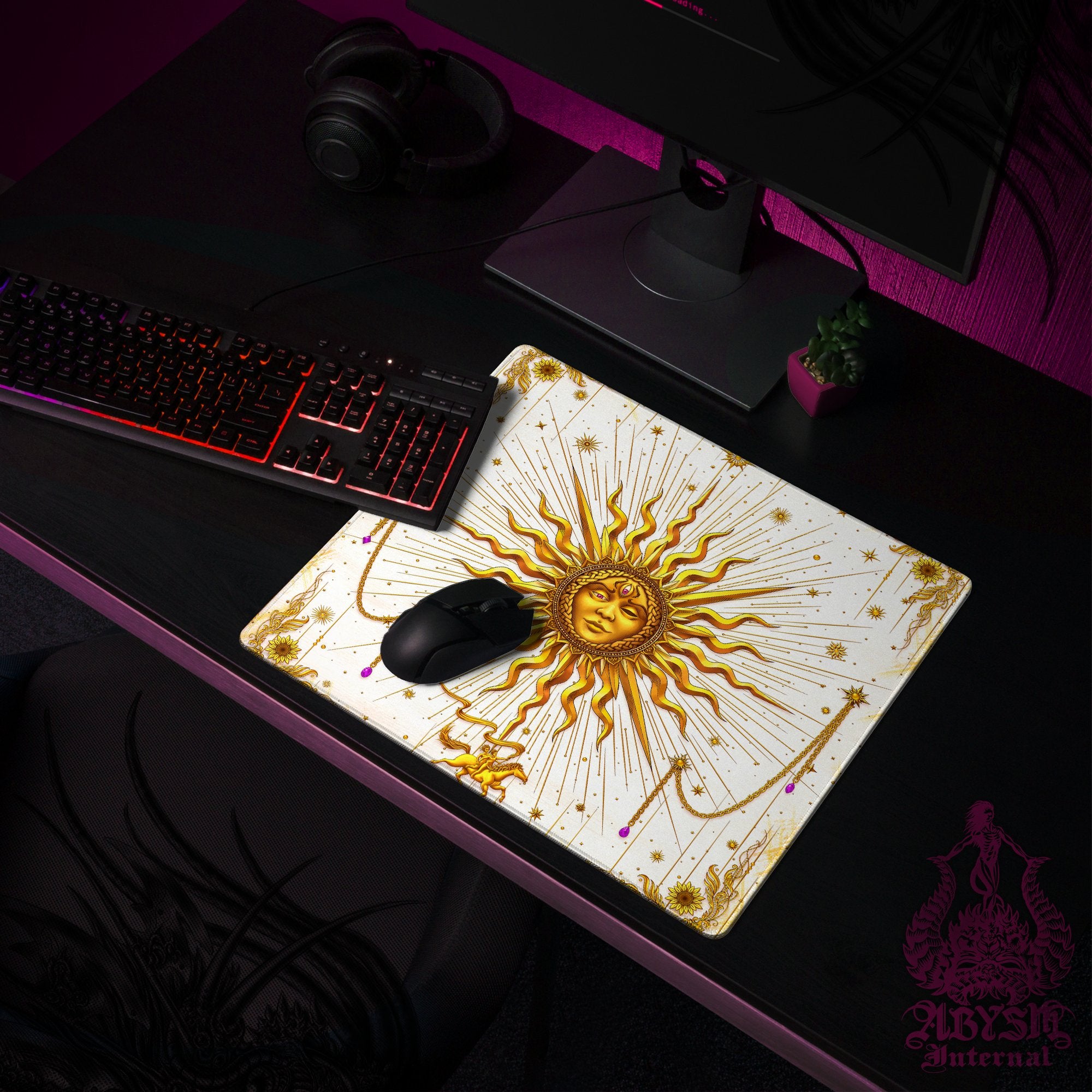 Gold Sun Mouse Pad, Tarot Arcana Gaming Desk Mat, Witch Workpad, Boho Table Protector Cover, Indie Room, Esoteric Art Print – 7 Colors Gold Sun Mouse Pad, Tarot Arcana Gaming Desk Mat, Witch Workpad, Boho Table Protector Cover, Indie Room, Esoteric Art Print – 7 Colors