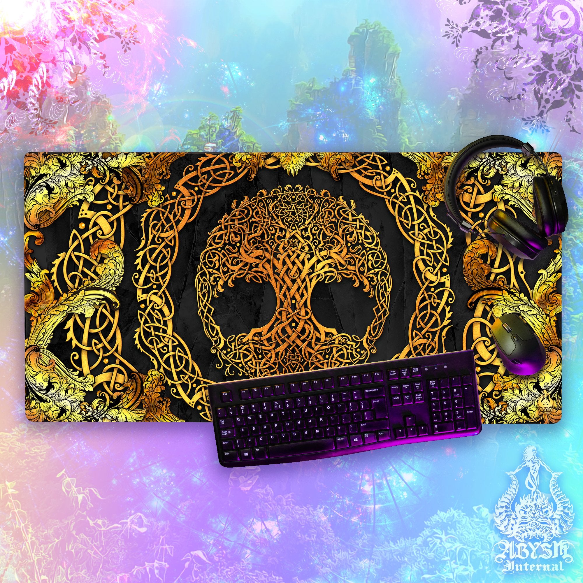 Gold Tree of Life Mouse Pad, Celtic Knotwork Gaming Desk Mat, Wicca Workpad, Indie Table Protector Cover, Art Print – 3 Colors
