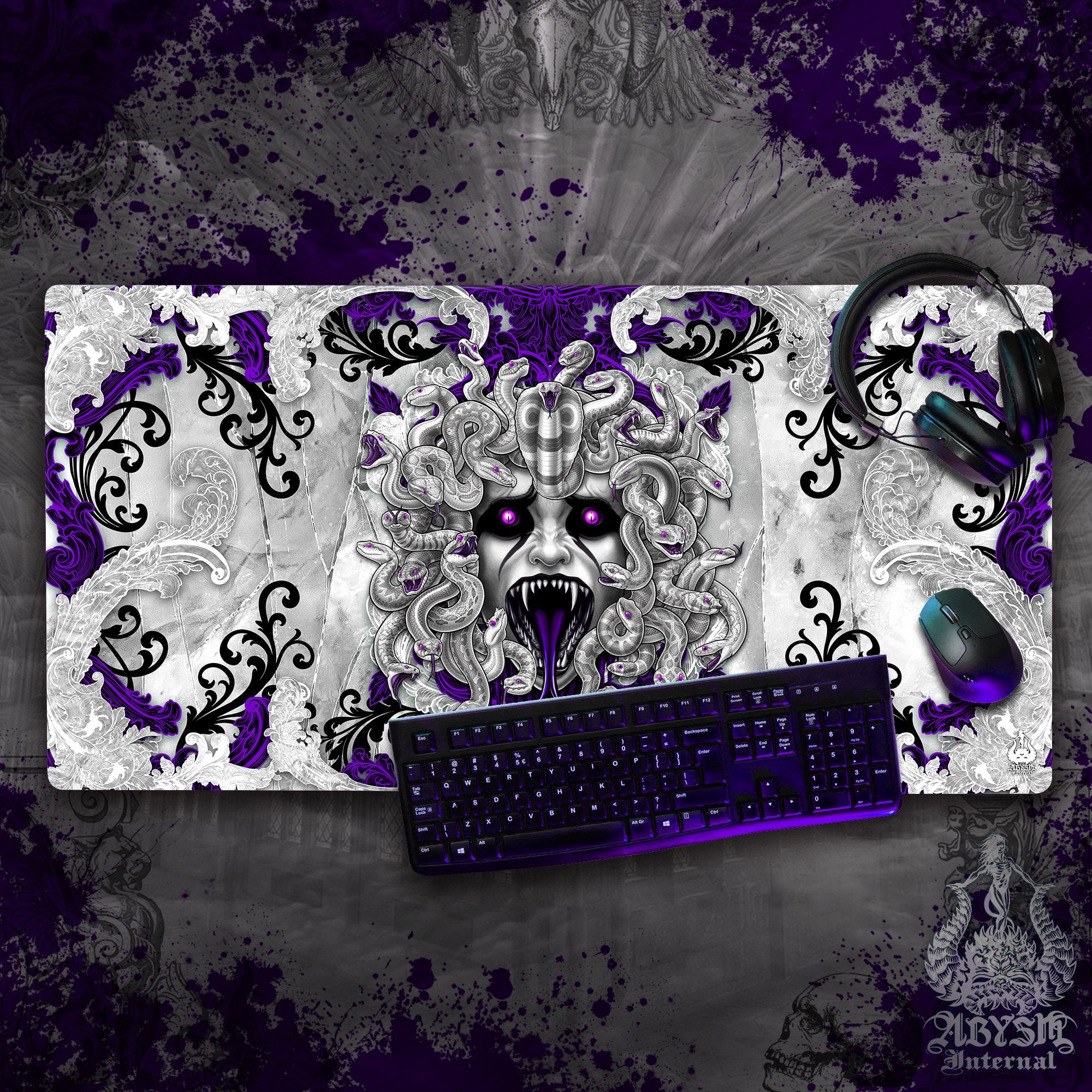 Goth Gaming Desk Mat, Gamer Mouse Pad, Medusa Skull Table Protector Cover, White Purple Workpad, Dark Fantasy Art Print – 4 Options