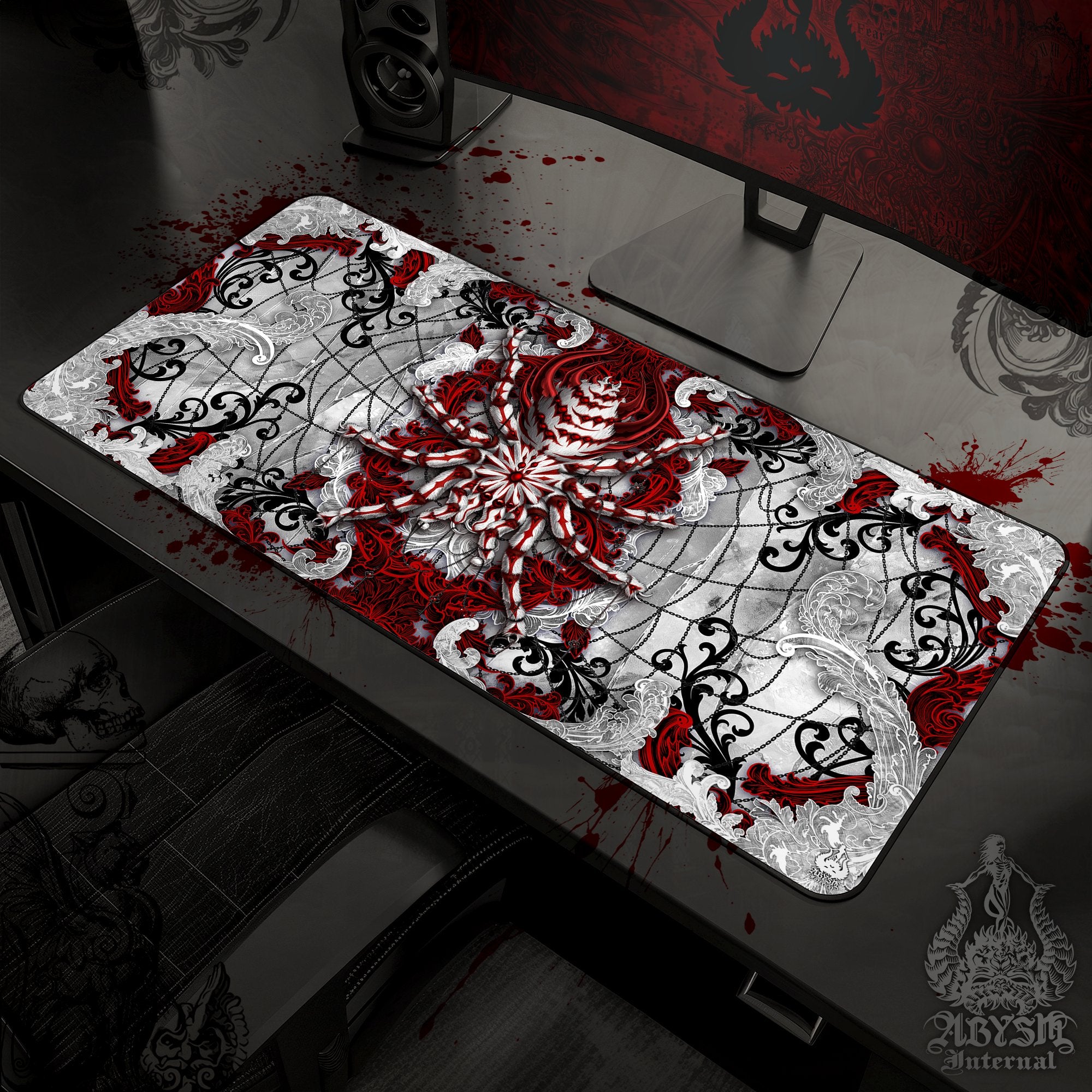 Goth Gaming Desk Mat, Spider Mouse Pad, Gamer Table Protector Cover, Halloween Workpad, Bloody White Tarantula Art Print