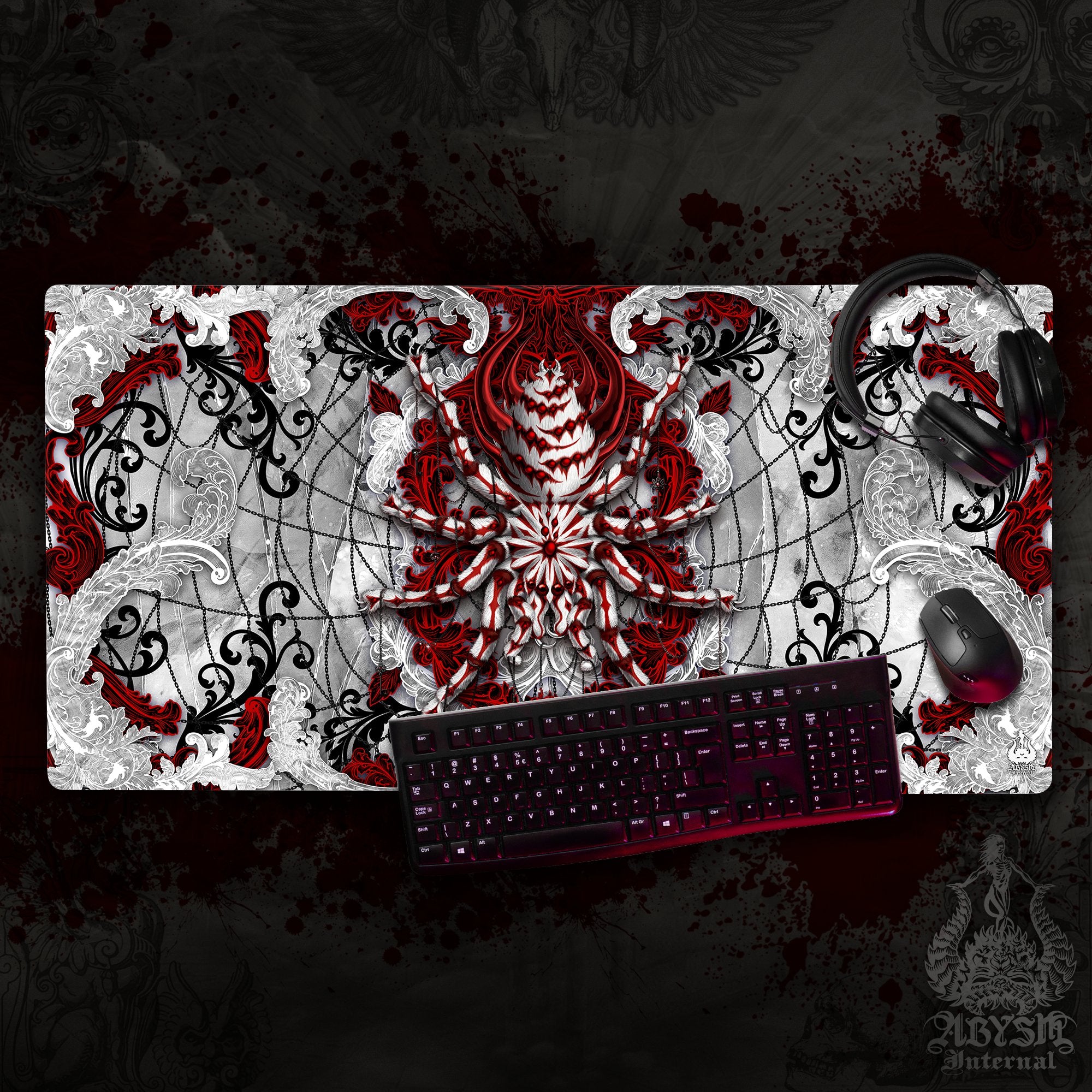 Goth Gaming Desk Mat, Spider Mouse Pad, Gamer Table Protector Cover, Halloween Workpad, Bloody White Tarantula Art Print Goth Gaming Desk Mat, Spider Mouse Pad, Gamer Table Protector Cover, Halloween Workpad, Bloody White Tarantula Art Print