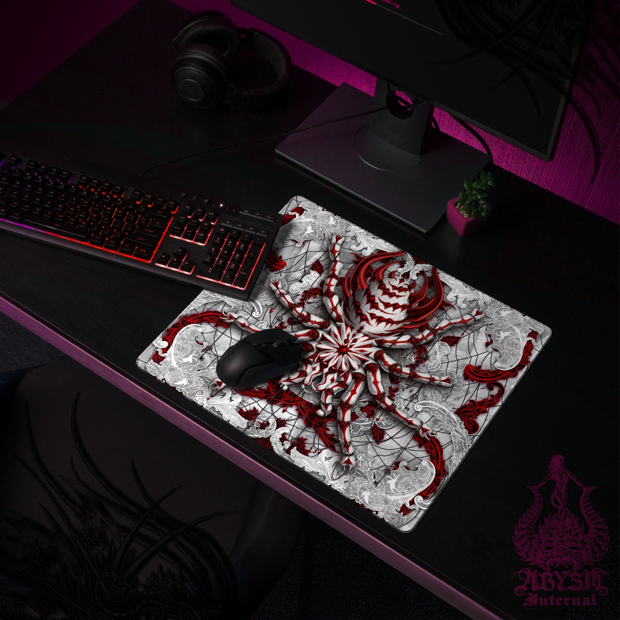 Goth Gaming Desk Mat, Spider Mouse Pad, Gamer Table Protector Cover, Halloween Workpad, Bloody White Tarantula Art Print Goth Gaming Desk Mat, Spider Mouse Pad, Gamer Table Protector Cover, Halloween Workpad, Bloody White Tarantula Art Print