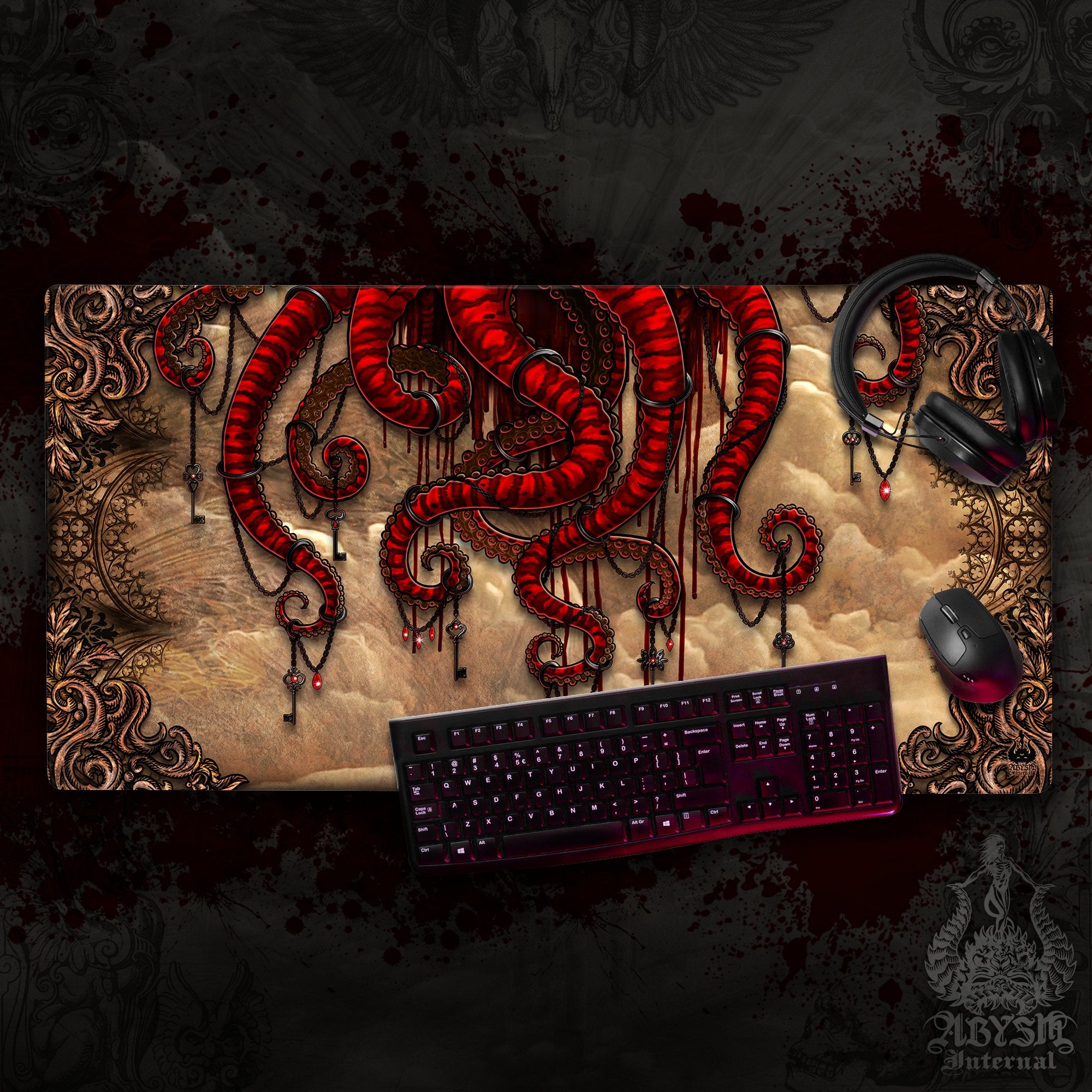 Goth Horror Desk Mat, Octopus Gaming Mouse Pad, Gothic Gamer Table Protector Cover, Tentacles Workpad, Fantasy Art Print – 2 Colors